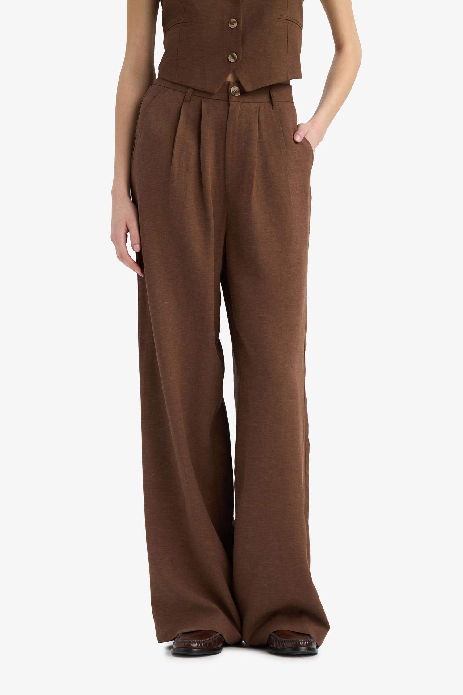 بنطرون وايد ليج برجل واسع من مزيج الكتان وخصر عالي