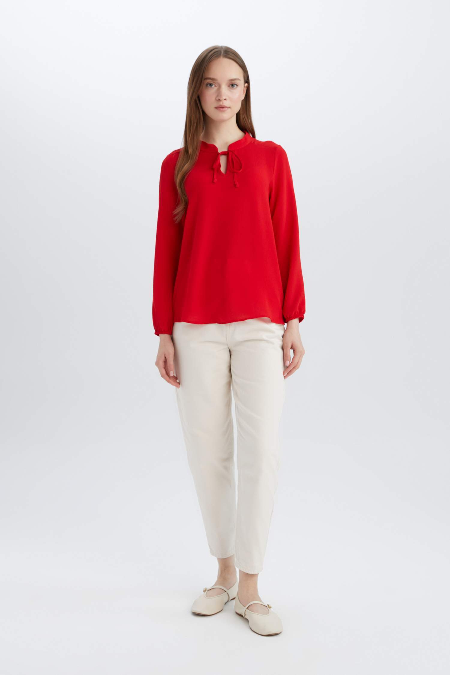 Apaş Yaka Basic Düz Kırmızı Uzun Kollu Bluz