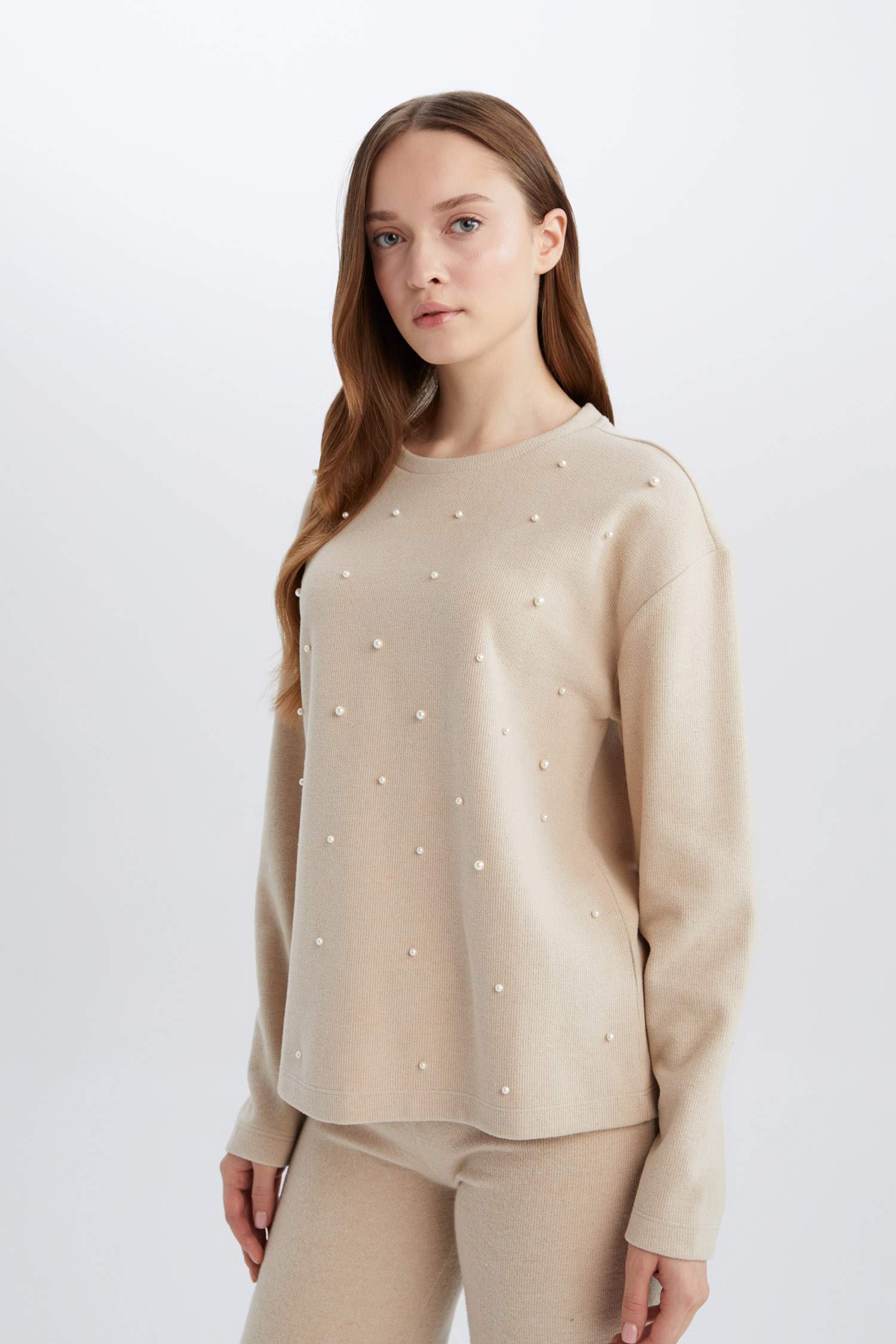 Regular Fit Bisiklet Yaka Selanik Kumaş Uzun Kollu Tişört