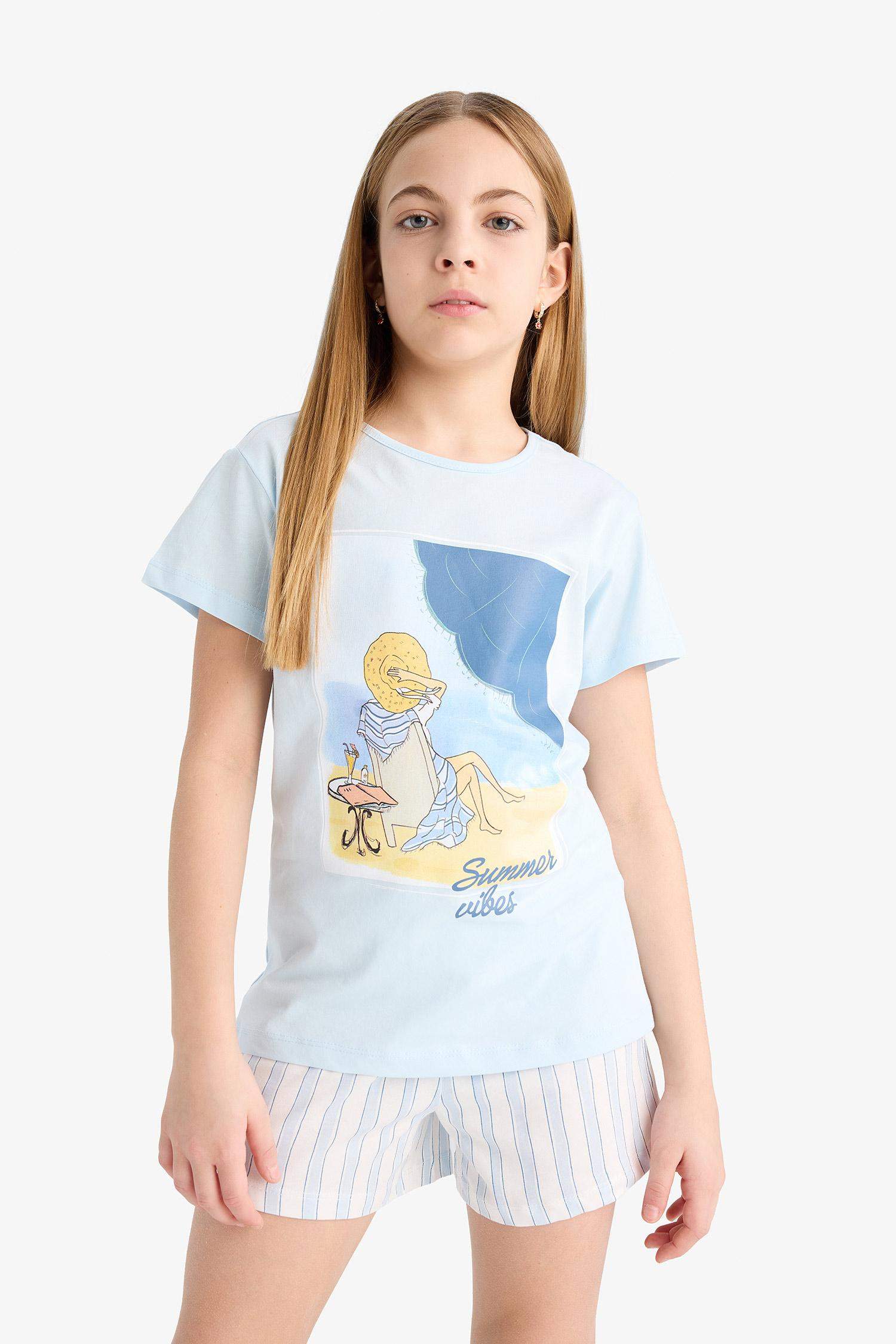 Kız Çocuk Pijama Takımı Baskılı Kısa Kollu Üst Beli Lastikli Kısa Şort