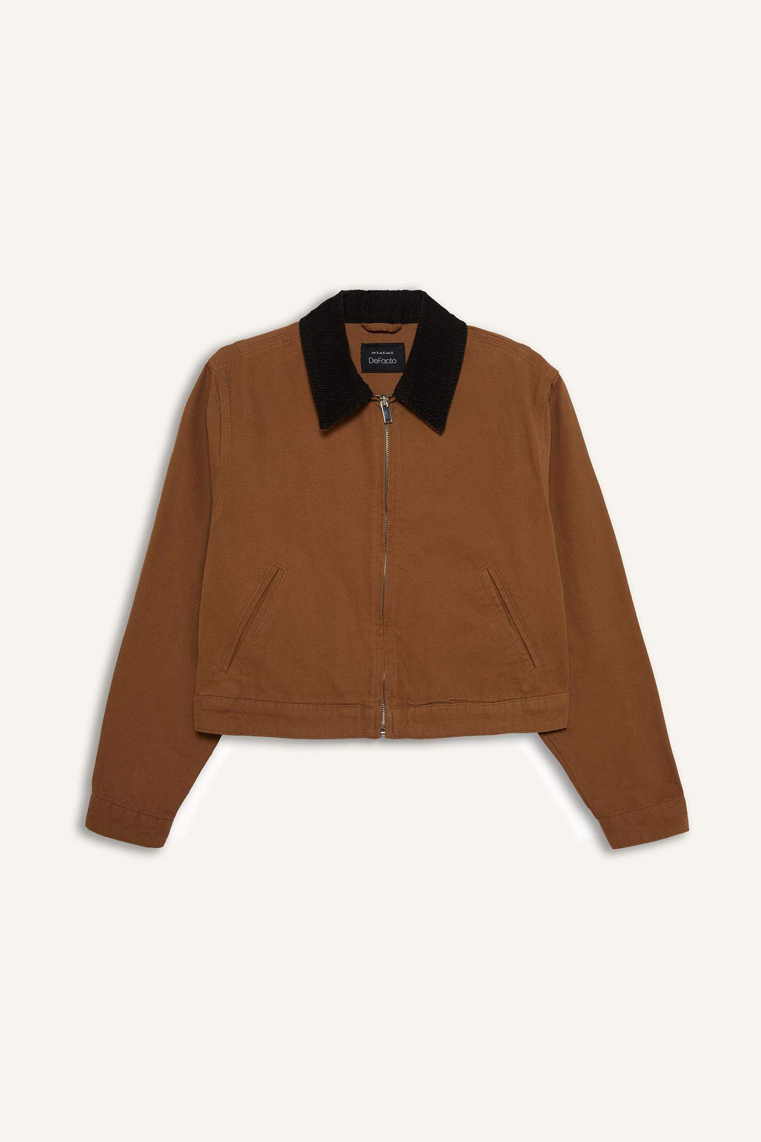 Regular Fit Kontrast Yakalı Fermuarlı Cepli Pamuklu Ceket Mont