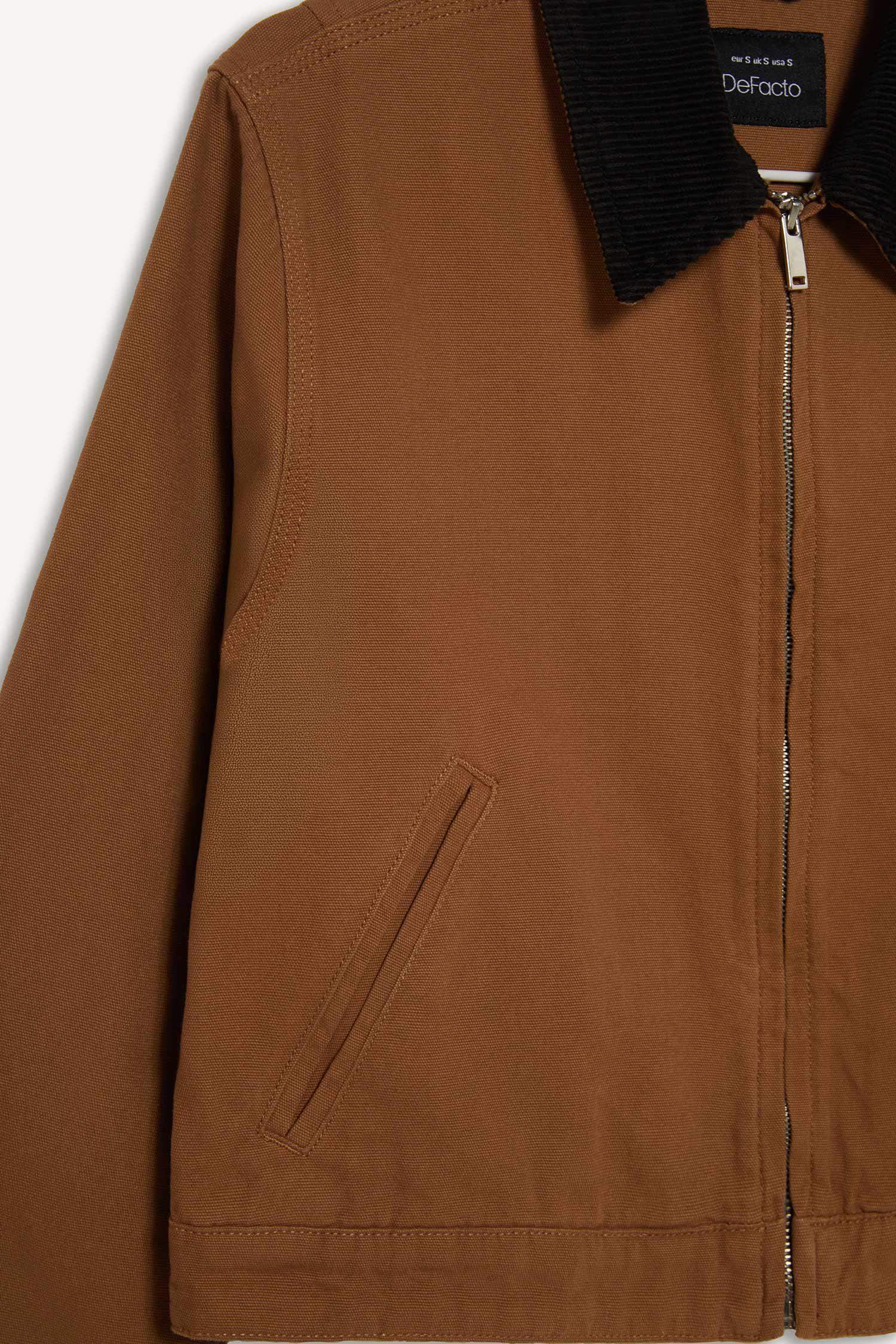 Regular Fit Kontrast Yakalı Fermuarlı Cepli Pamuklu Ceket Mont