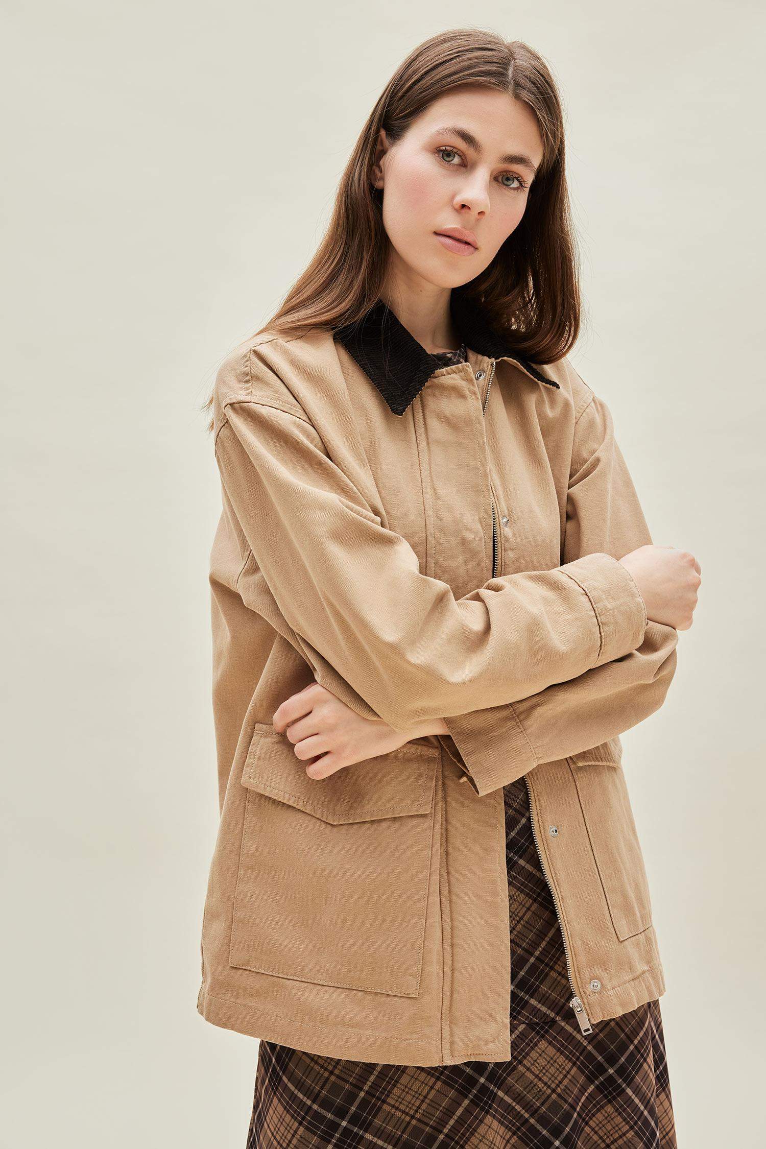 Regular Fit Kontrast Yakalı Cepli Pamuklu Mevsimlik Ceket Mont