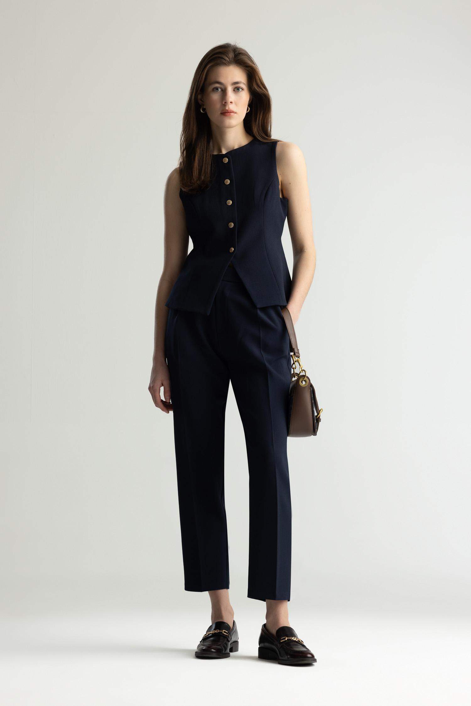 Carrot Fit Çift Cepli Yüksek Bel Düz Paça Kumaş Pantolon