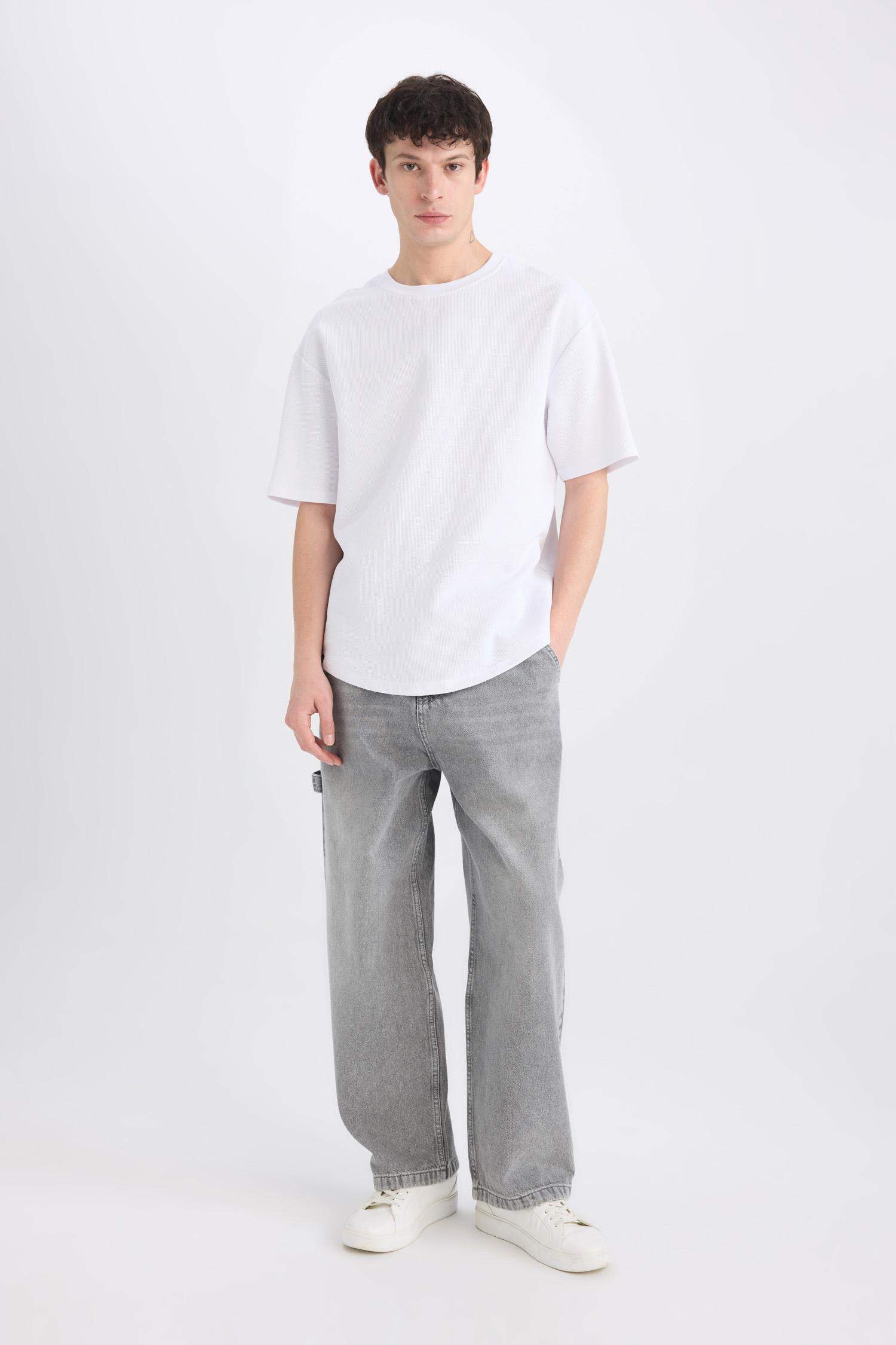 %100 Pamuk Skater Fit Geniş Kalıp Yüksek Bel Geniş Paça Jean Pantolon