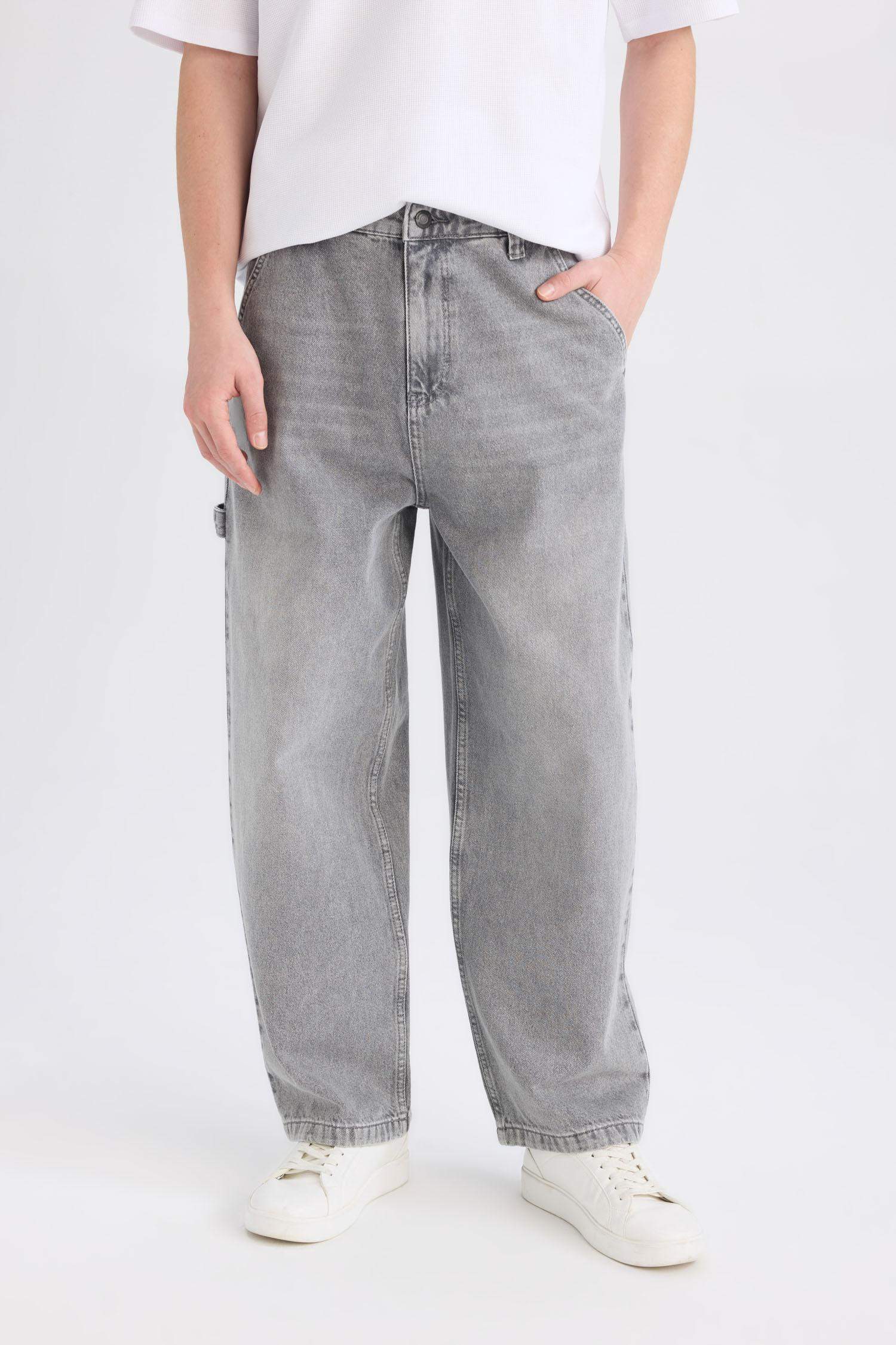 %100 Pamuk Skater Fit Geniş Kalıp Yüksek Bel Geniş Paça Jean Pantolon