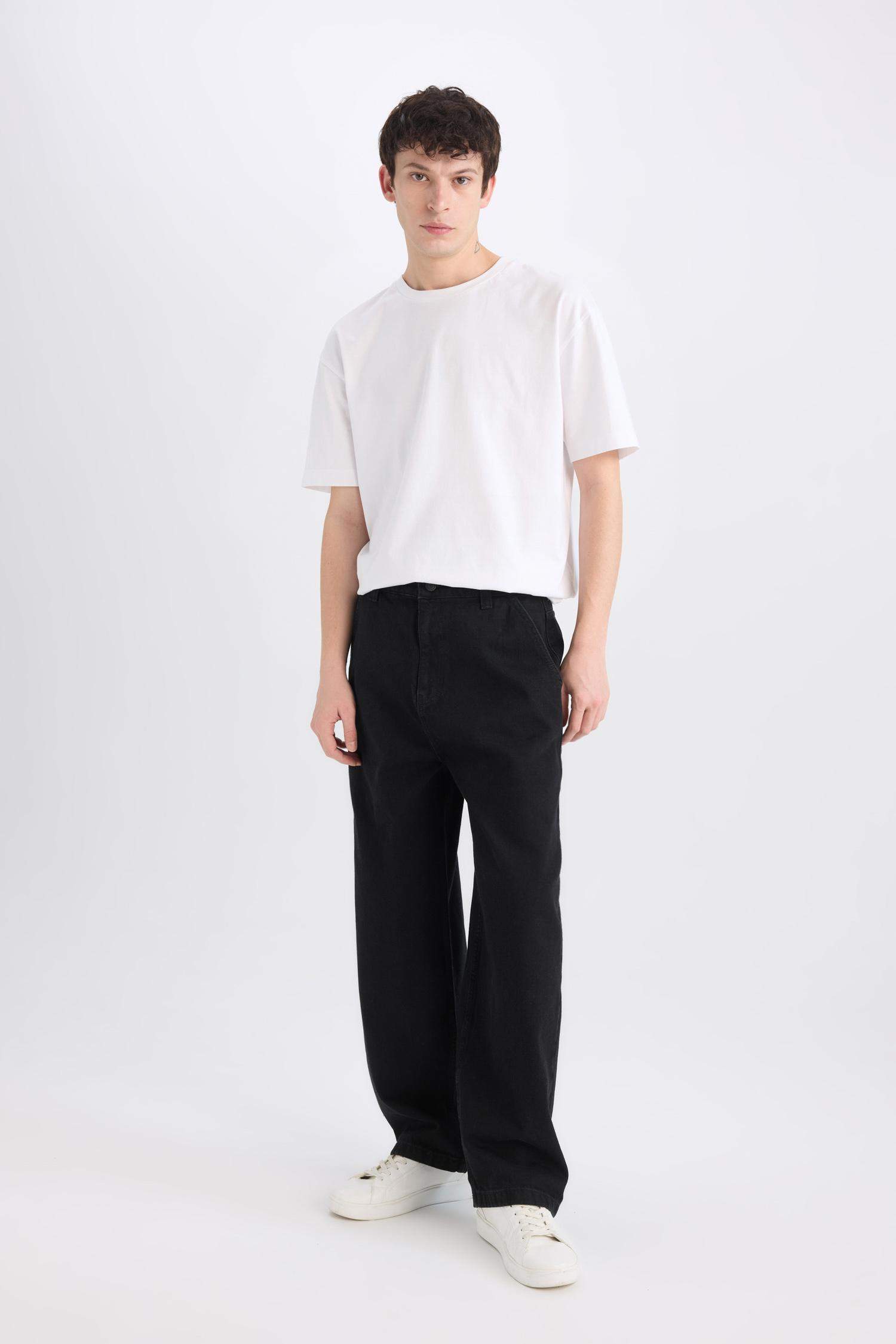 %100 Pamuk Skater Fit Geniş Kalıp Yüksek Bel Geniş Paça Siyah Jean Pantolon