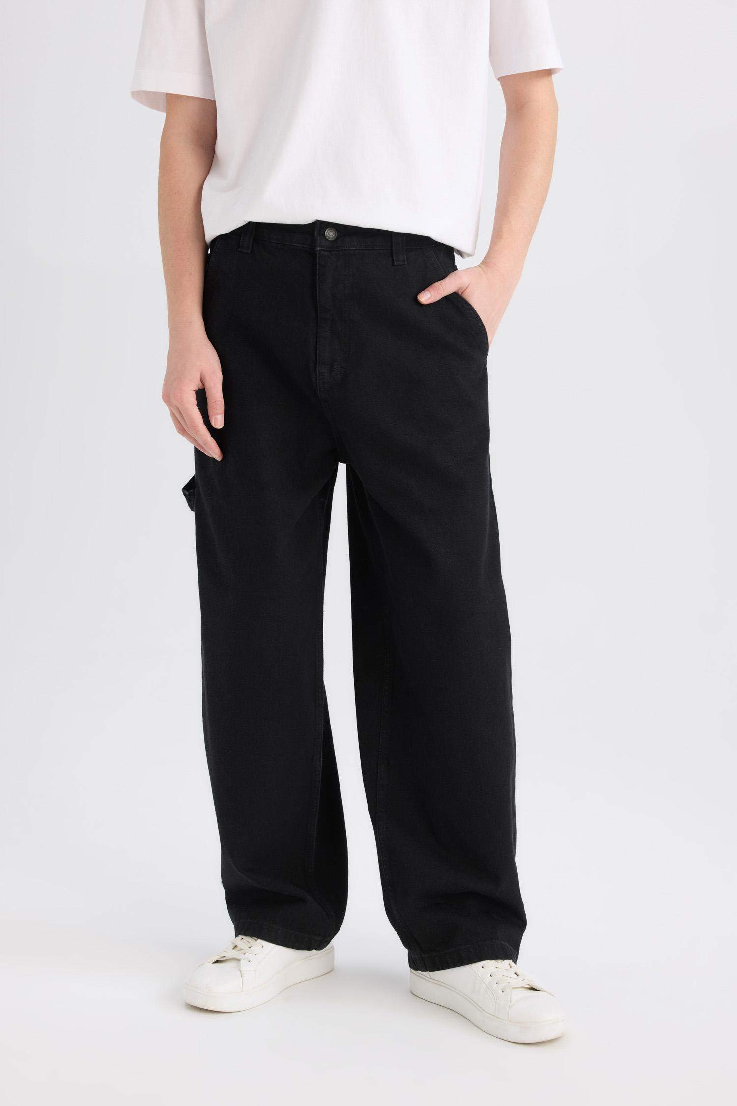 %100 Pamuk Skater Fit Geniş Kalıp Yüksek Bel Geniş Paça Siyah Jean Pantolon