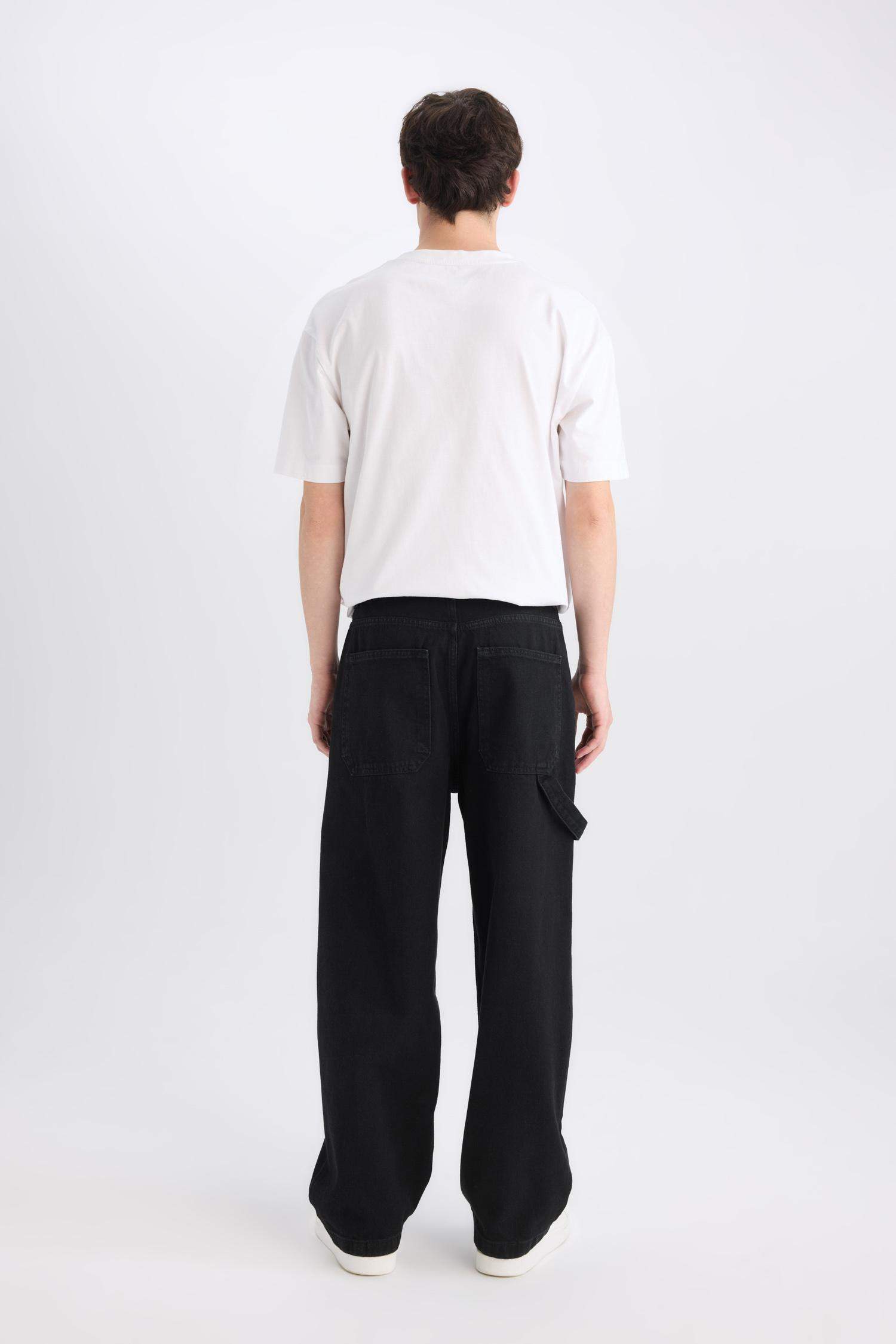 %100 Pamuk Skater Fit Geniş Kalıp Yüksek Bel Geniş Paça Siyah Jean Pantolon