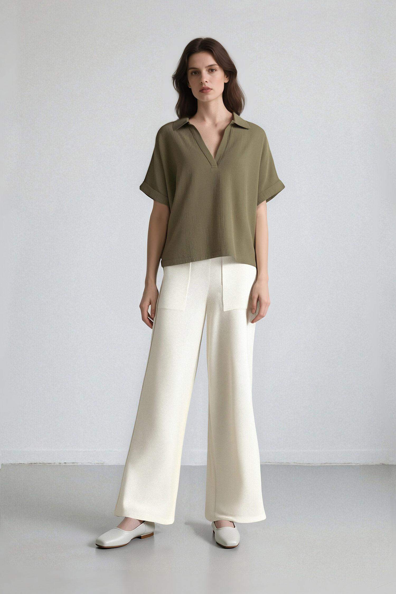 Regular Fit Flap Collar Short Sleeve Blouse