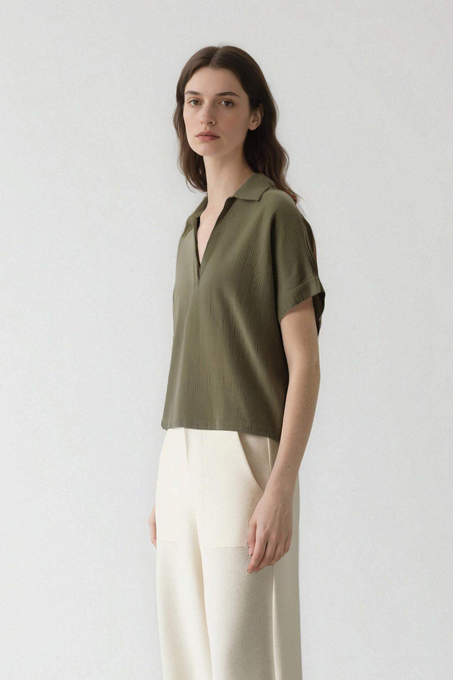 Regular Fit Flap Collar Short Sleeve Blouse
