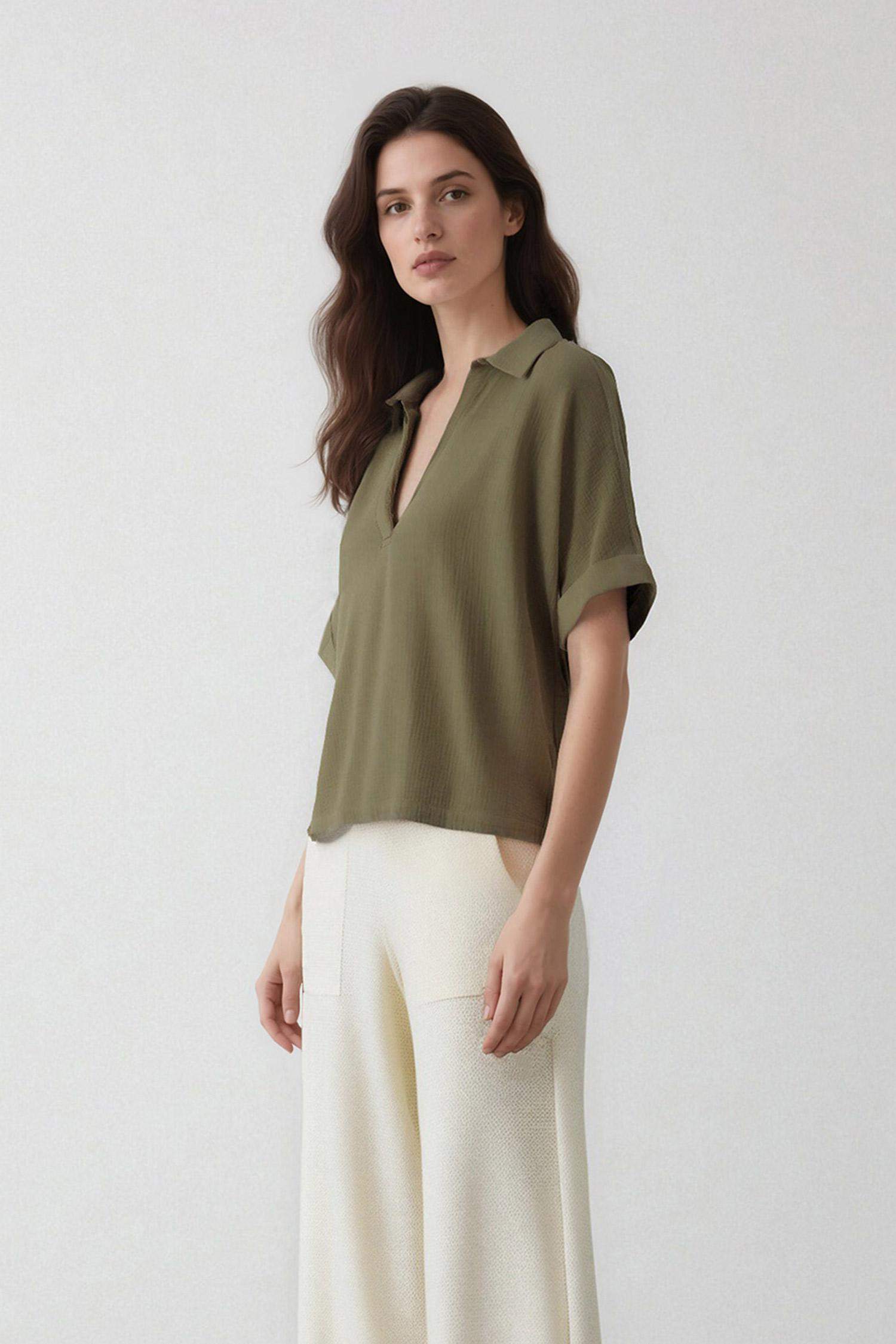 Regular Fit Flap Collar Short Sleeve Blouse