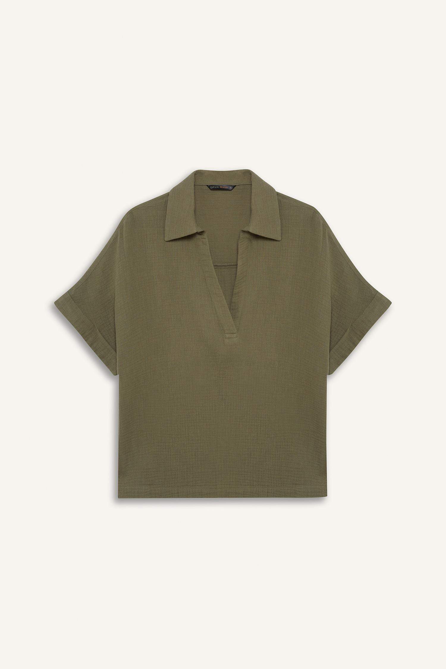 Regular Fit Flap Collar Short Sleeve Blouse