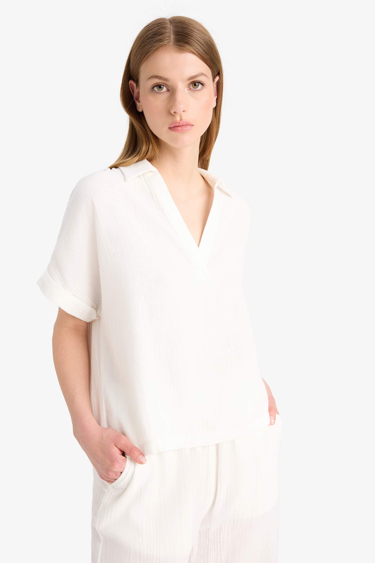 Regular Fit Flap Collar Short Sleeve Blouse
