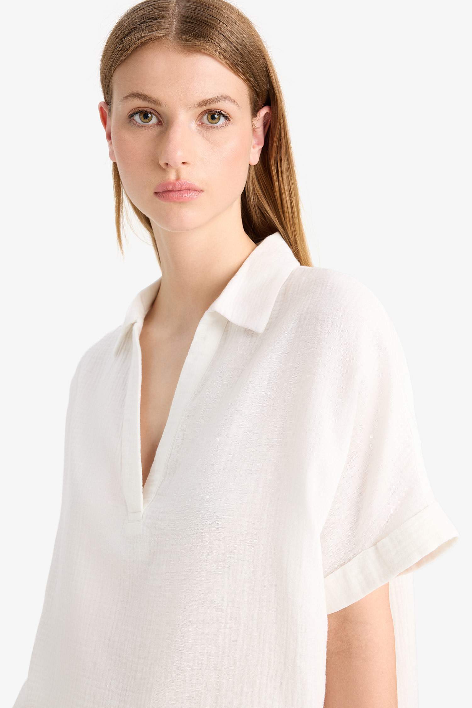 Regular Fit Flap Collar Short Sleeve Blouse