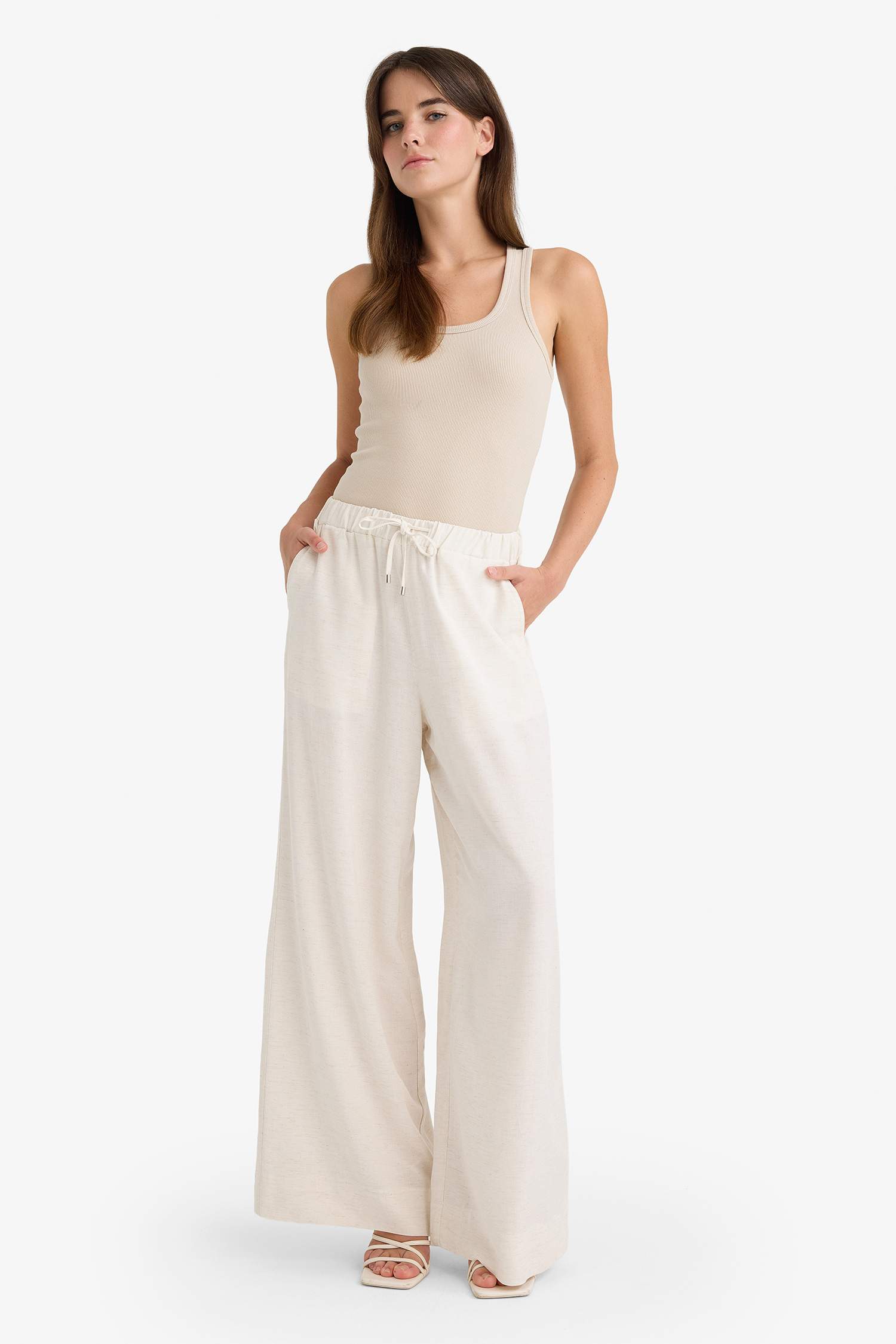 Wide Leg Keten Karışımlı Pantolon Yüksek Bel Uzun Boy Geniş Paça