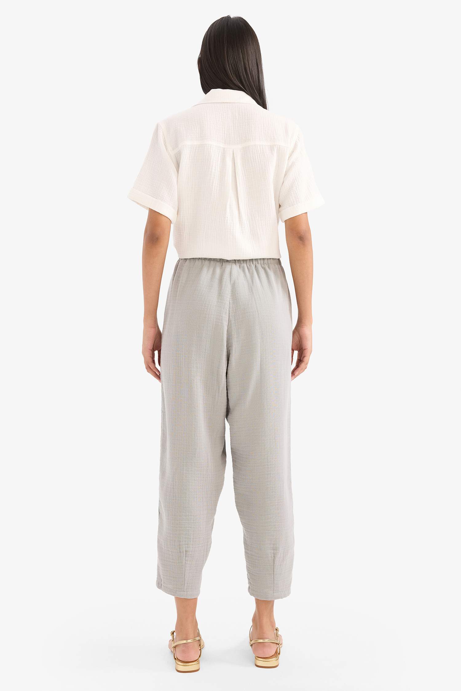 Tapered Fit Yüksek Bel Uzun Boy Müslin Pantolon