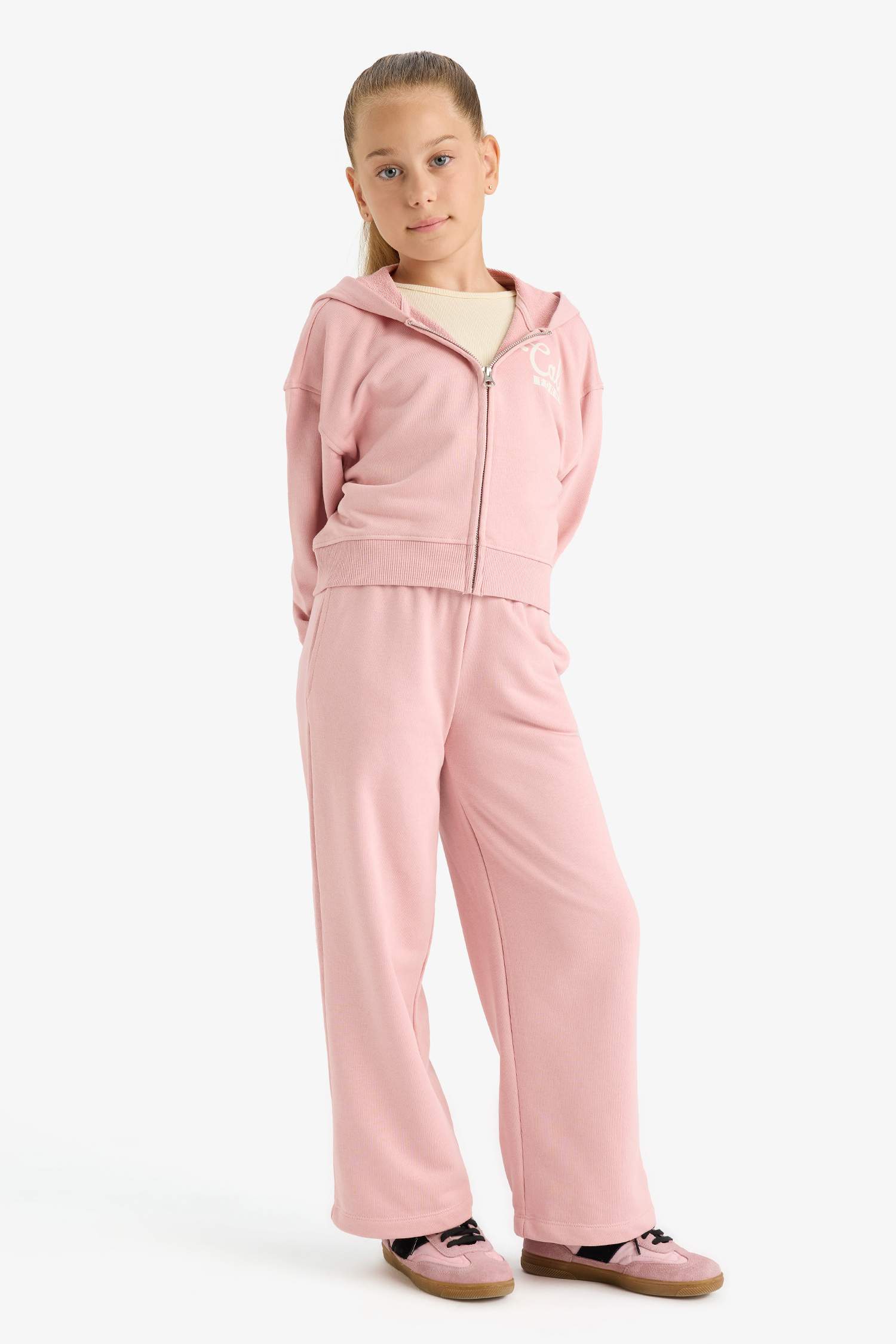 Kız Çocuk 2'li Takım Baskılı Kapüşonlu Fermuarlı Sweatshirt Eşofman Altı