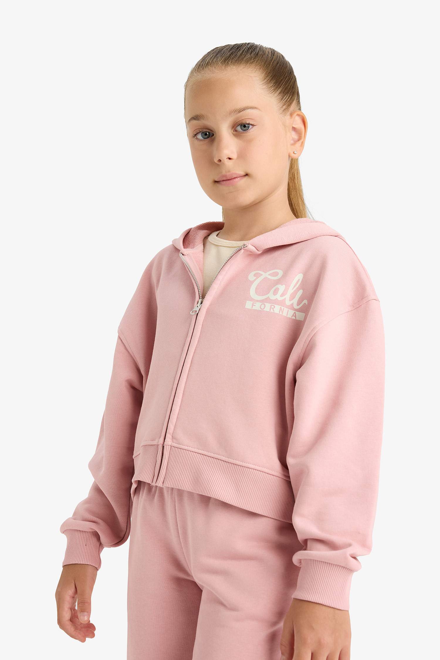 Kız Çocuk 2'li Takım Baskılı Kapüşonlu Fermuarlı Sweatshirt Eşofman Altı