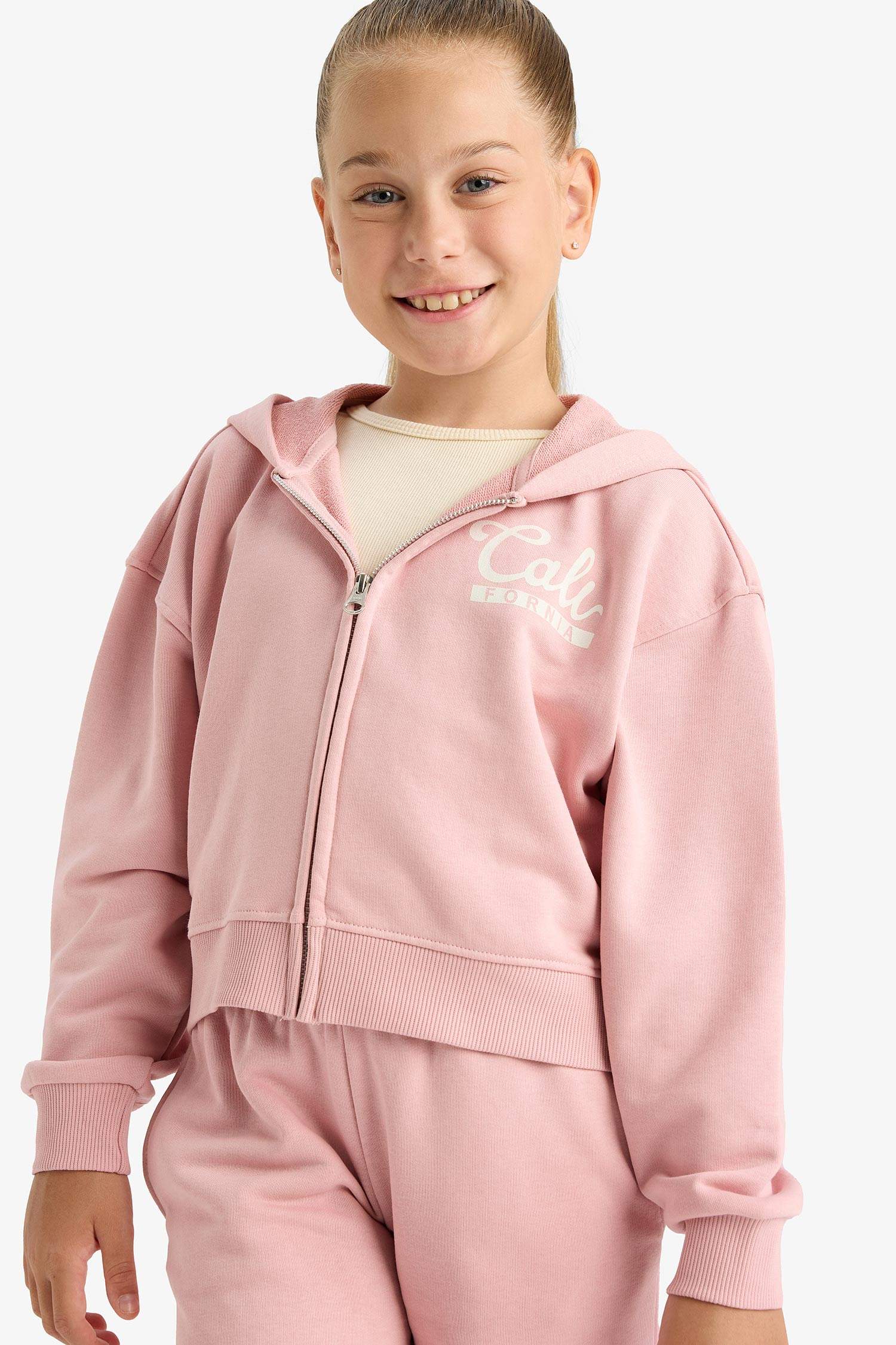 Kız Çocuk 2'li Takım Baskılı Kapüşonlu Fermuarlı Sweatshirt Eşofman Altı