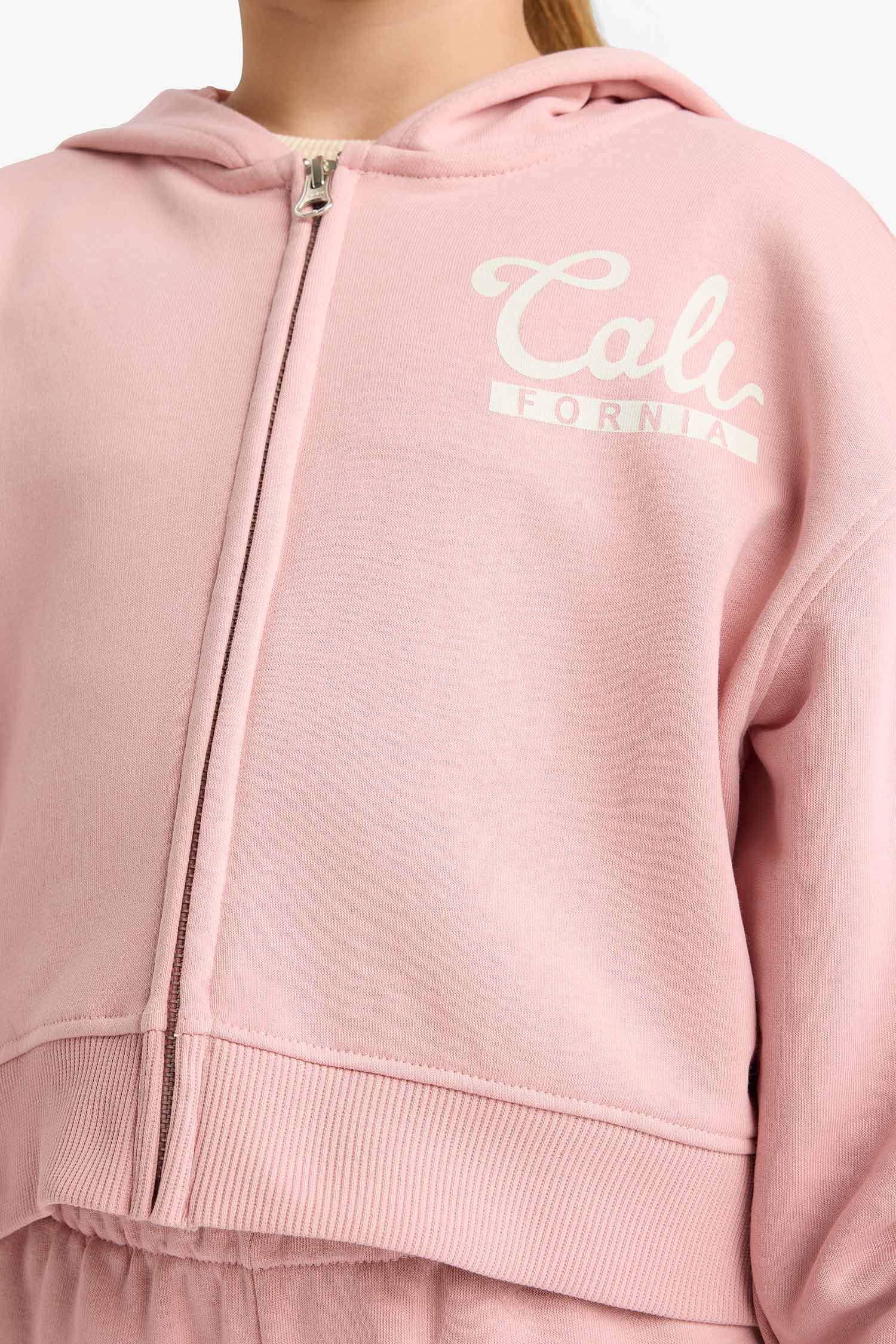 Kız Çocuk 2'li Takım Baskılı Kapüşonlu Fermuarlı Sweatshirt Eşofman Altı