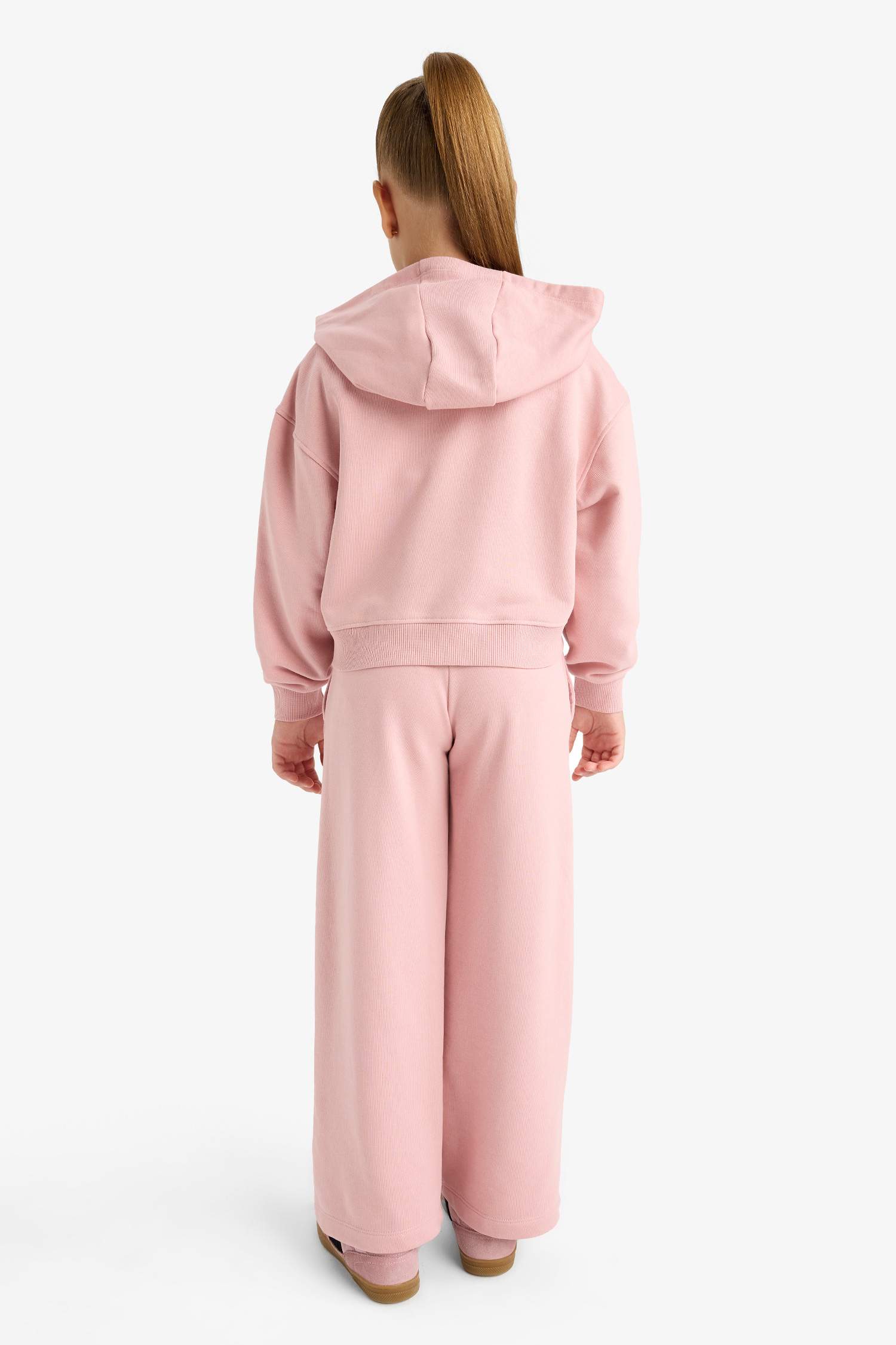 Kız Çocuk 2'li Takım Baskılı Kapüşonlu Fermuarlı Sweatshirt Eşofman Altı