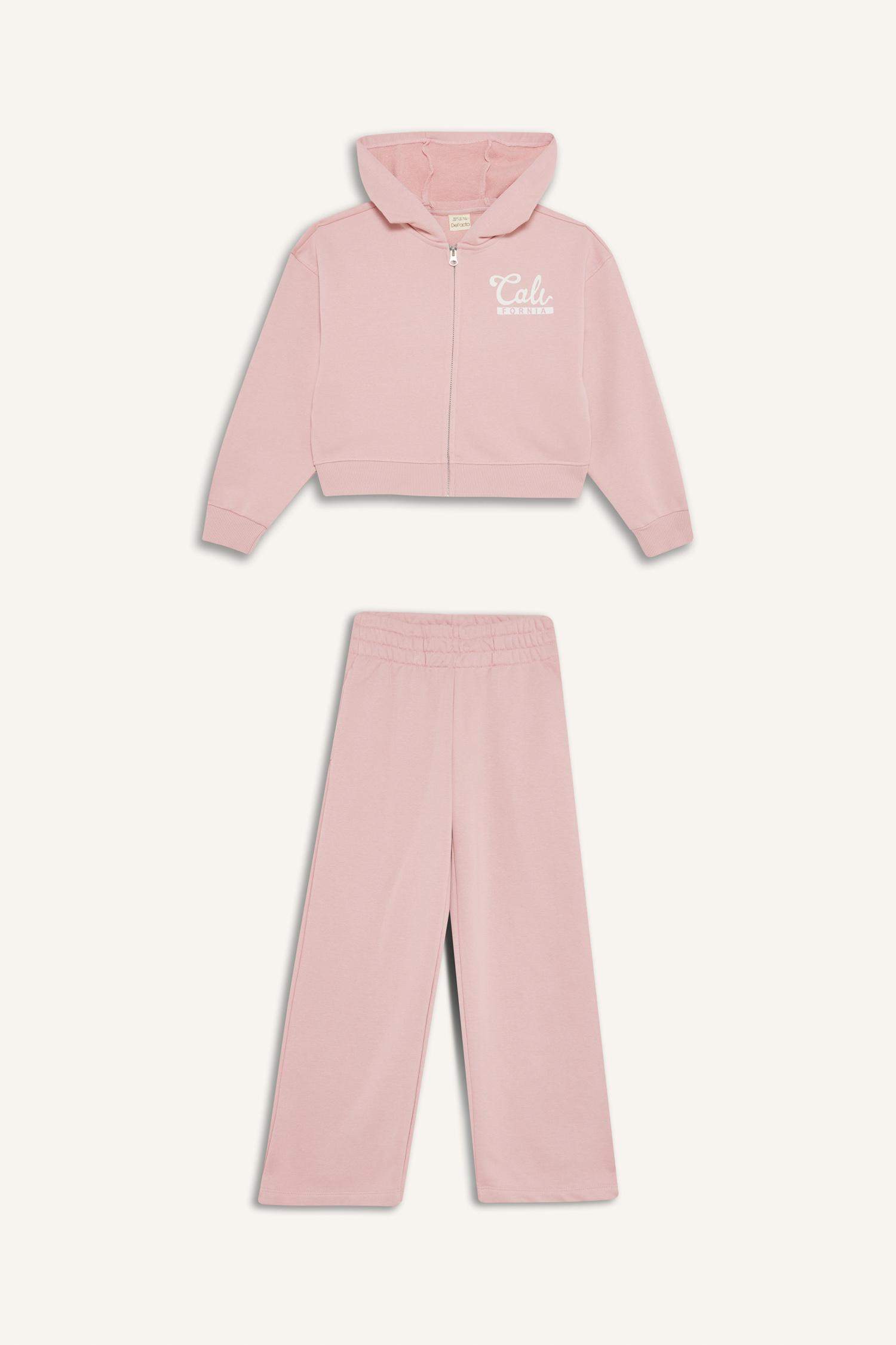 Kız Çocuk 2'li Takım Baskılı Kapüşonlu Fermuarlı Sweatshirt Eşofman Altı