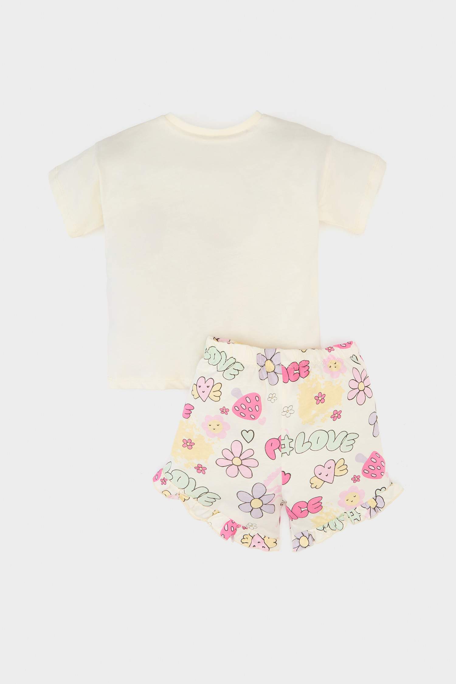 Kız Bebek 2'li Takım Baskılı Kısa Kollu Tişört Beli Lastikli Desenli Şort
