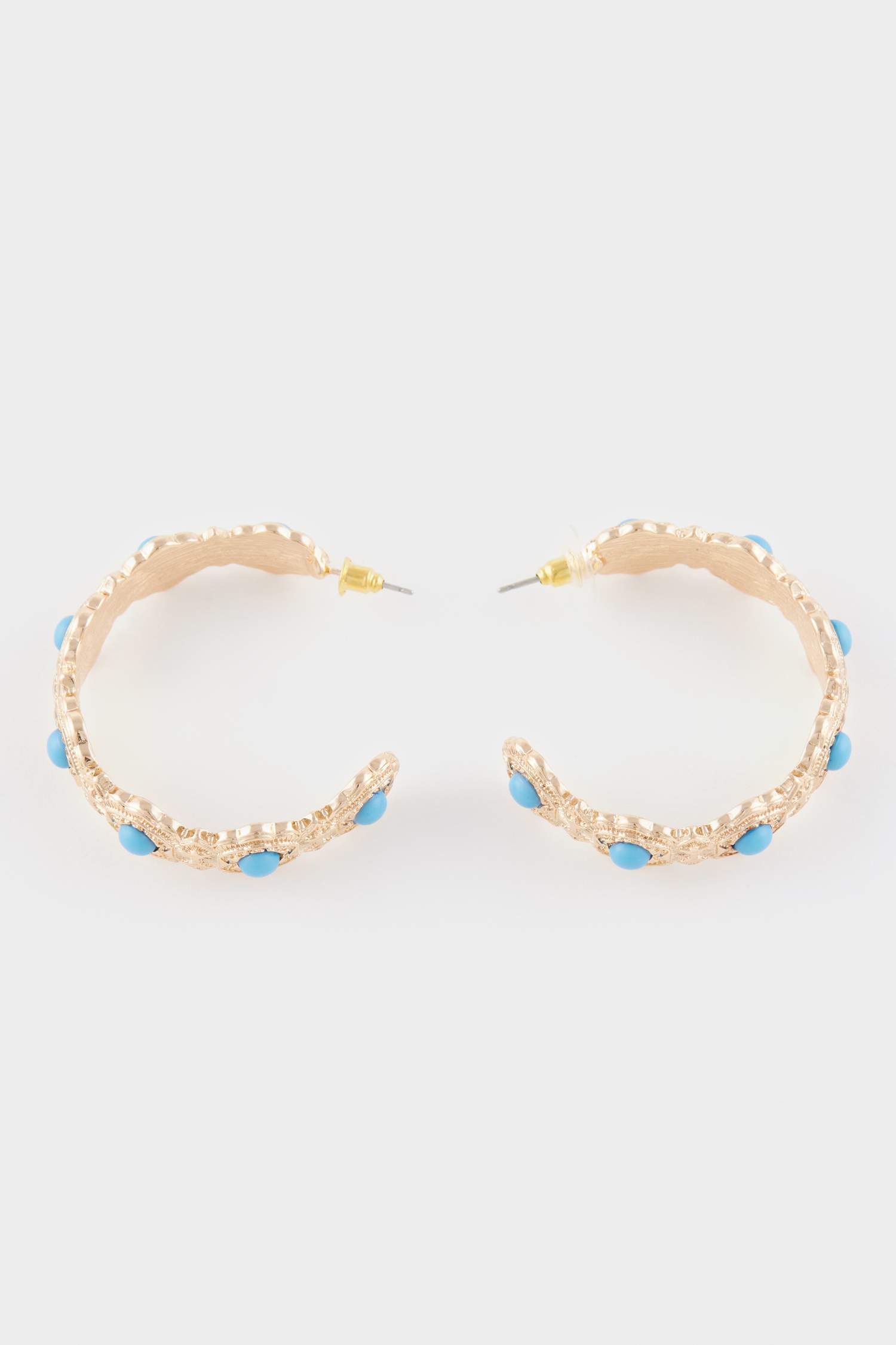 Woman Blue Flower Motif Hoop Gold Earrings