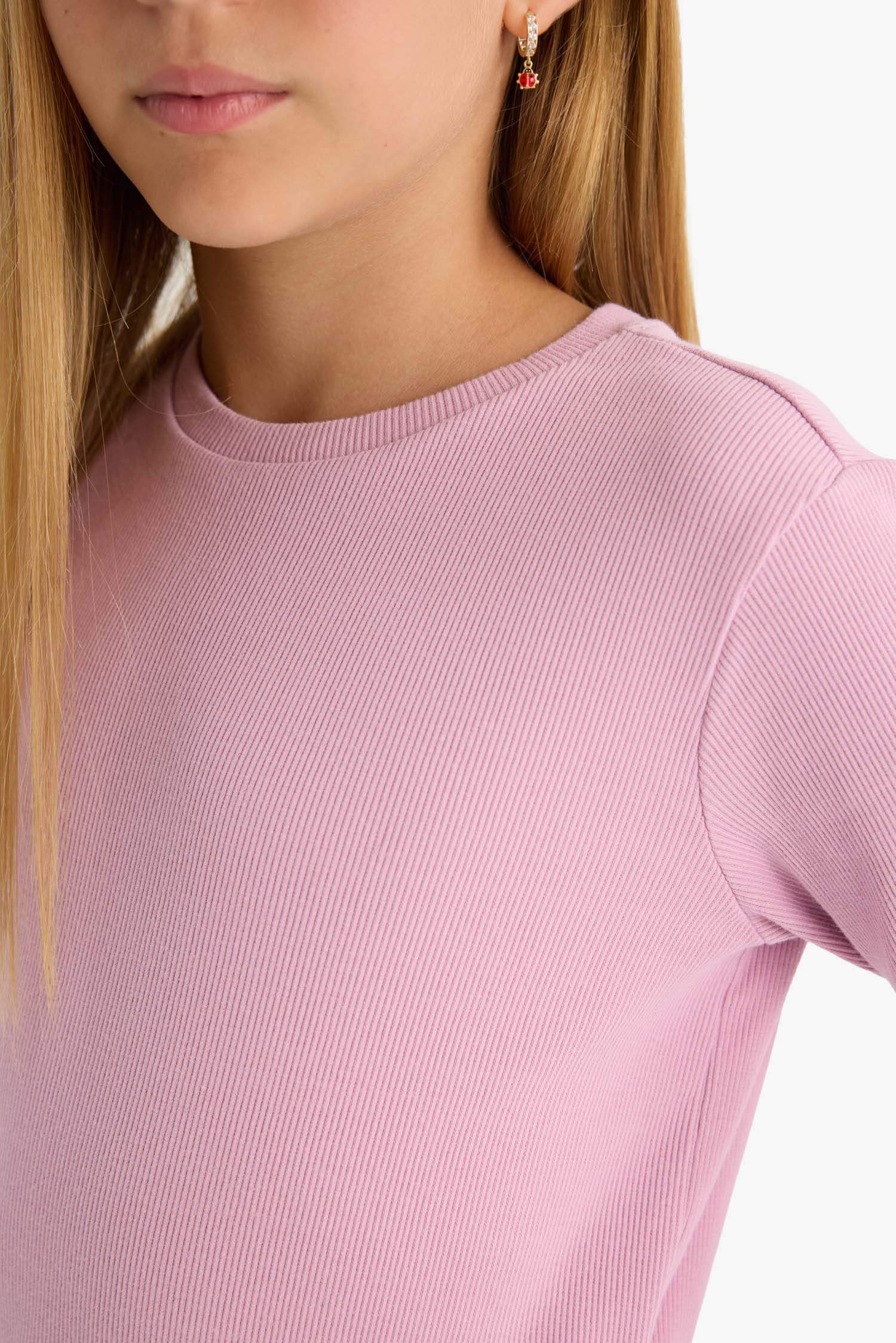 Kız Çocuk Okula Dönüş Slim Fit Dar Kesim Bisiklet Yaka Fitilli Kaşkorse 2'li Uzun Kollu Tişört