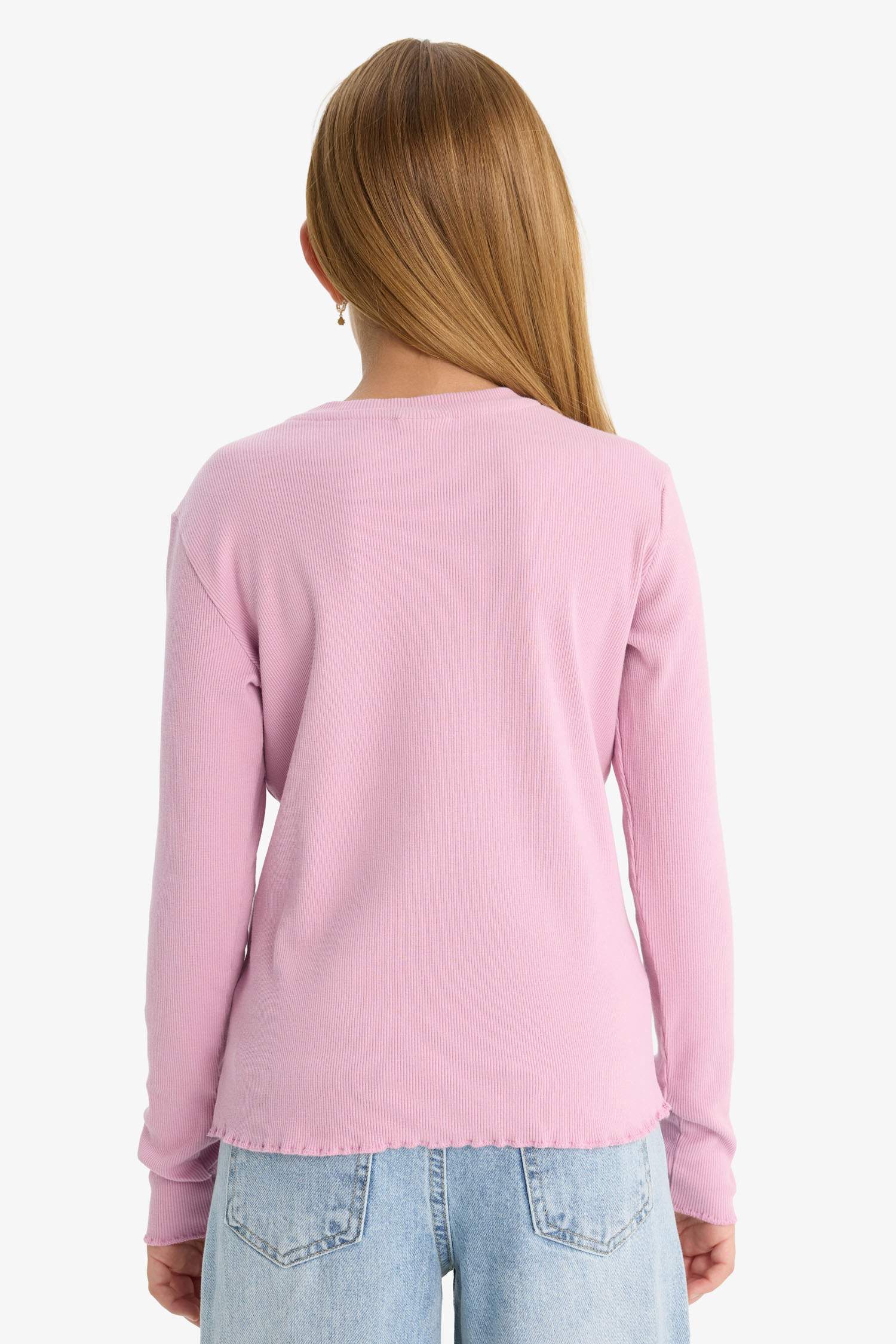 Kız Çocuk Okula Dönüş Slim Fit Dar Kesim Bisiklet Yaka Fitilli Kaşkorse 2'li Uzun Kollu Tişört