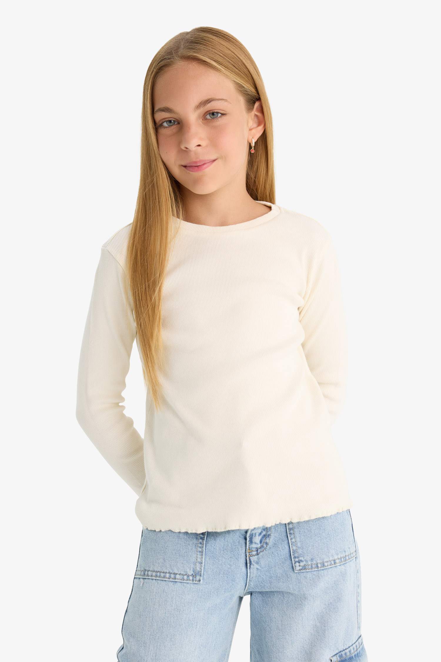 Kız Çocuk Okula Dönüş Slim Fit Dar Kesim Bisiklet Yaka Fitilli Kaşkorse 2'li Uzun Kollu Tişört