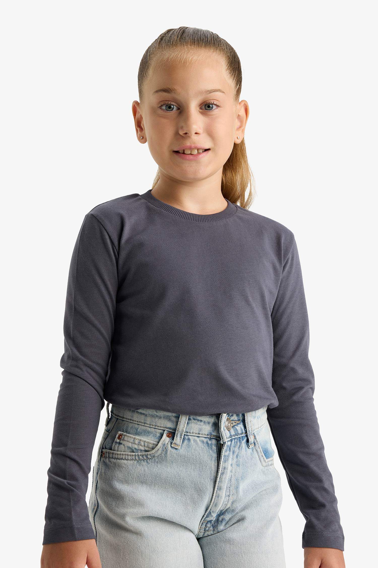 Kız Çocuk Bisiklet Yaka 2'li Uzun Kollu Tişört