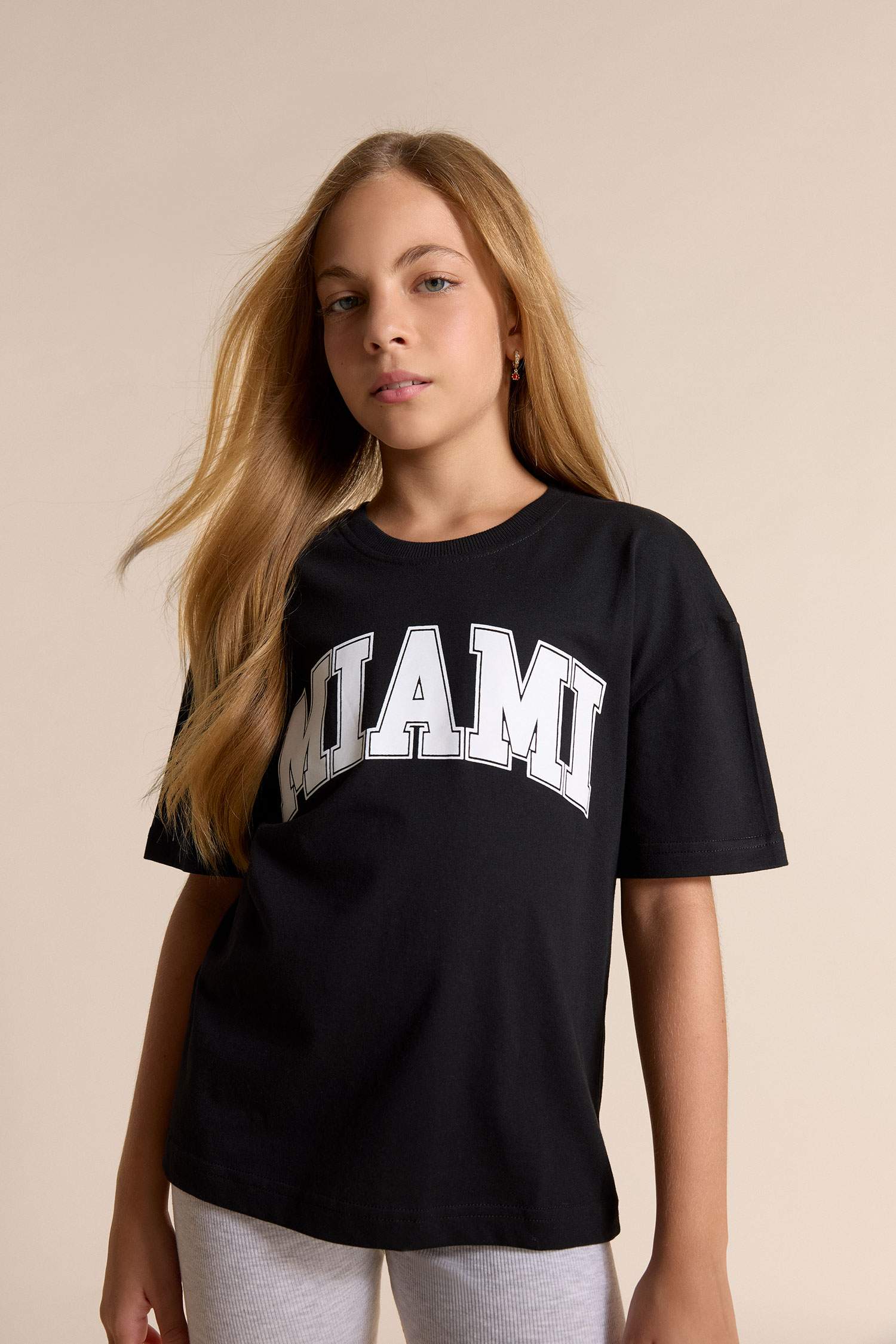 Kız Çocuk Relax Fit Bisiklet Yaka Baskılı Kısa Kollu Tişört