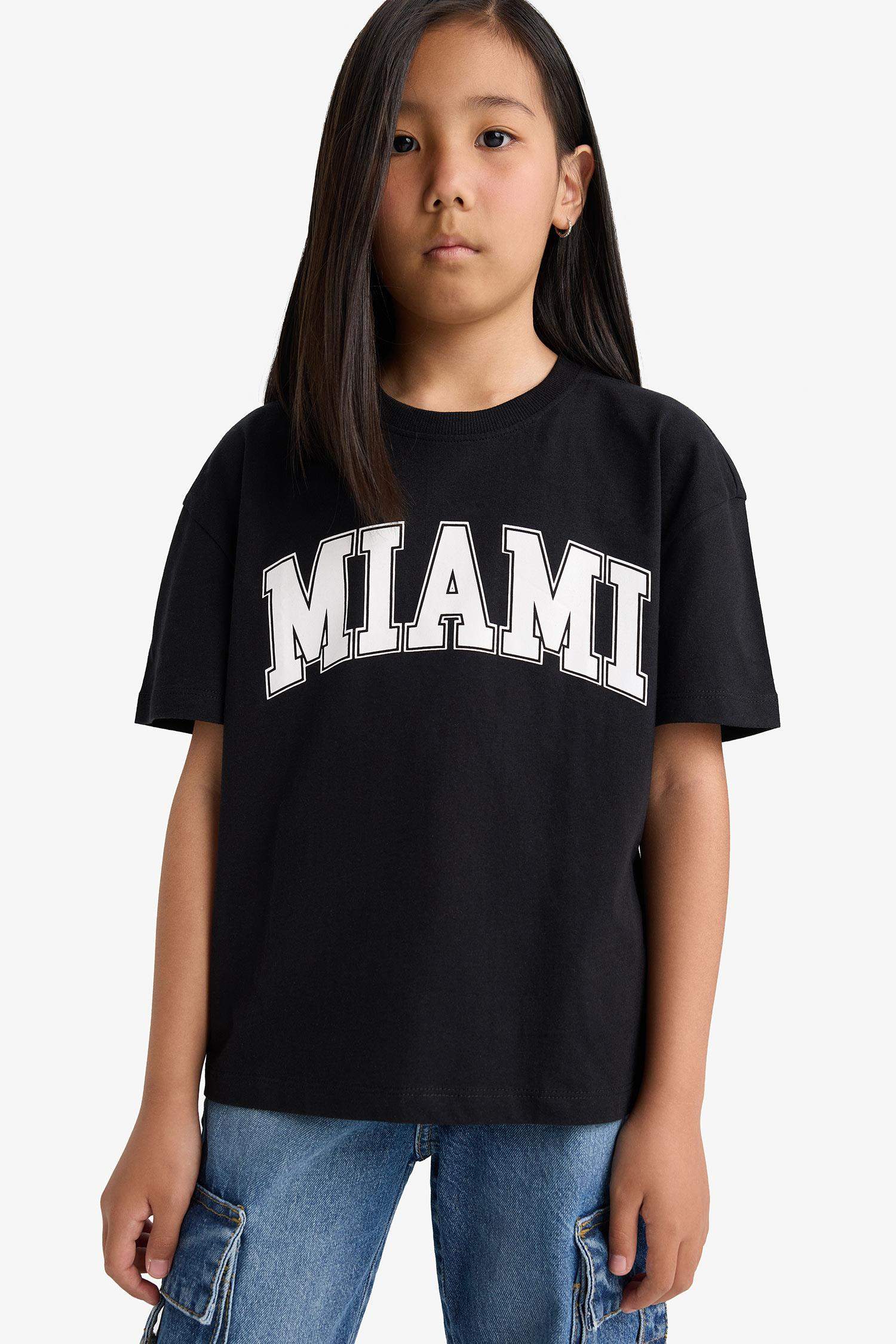 Kız Çocuk Relax Fit Bisiklet Yaka Baskılı Kısa Kollu Tişört