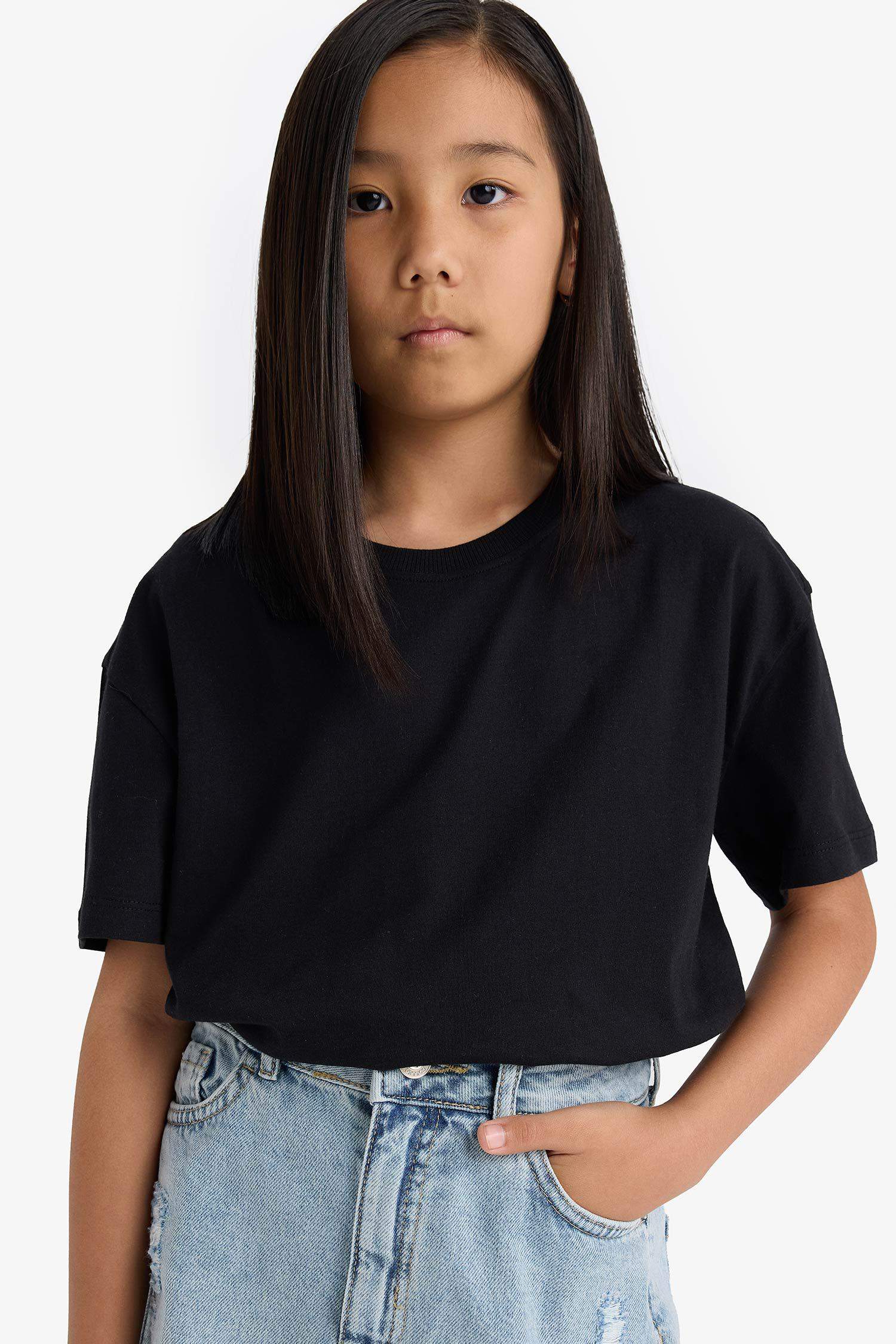 Kız Çocuk Relax Fit Bisiklet Yaka Kısa Kollu Okul Tişörtü