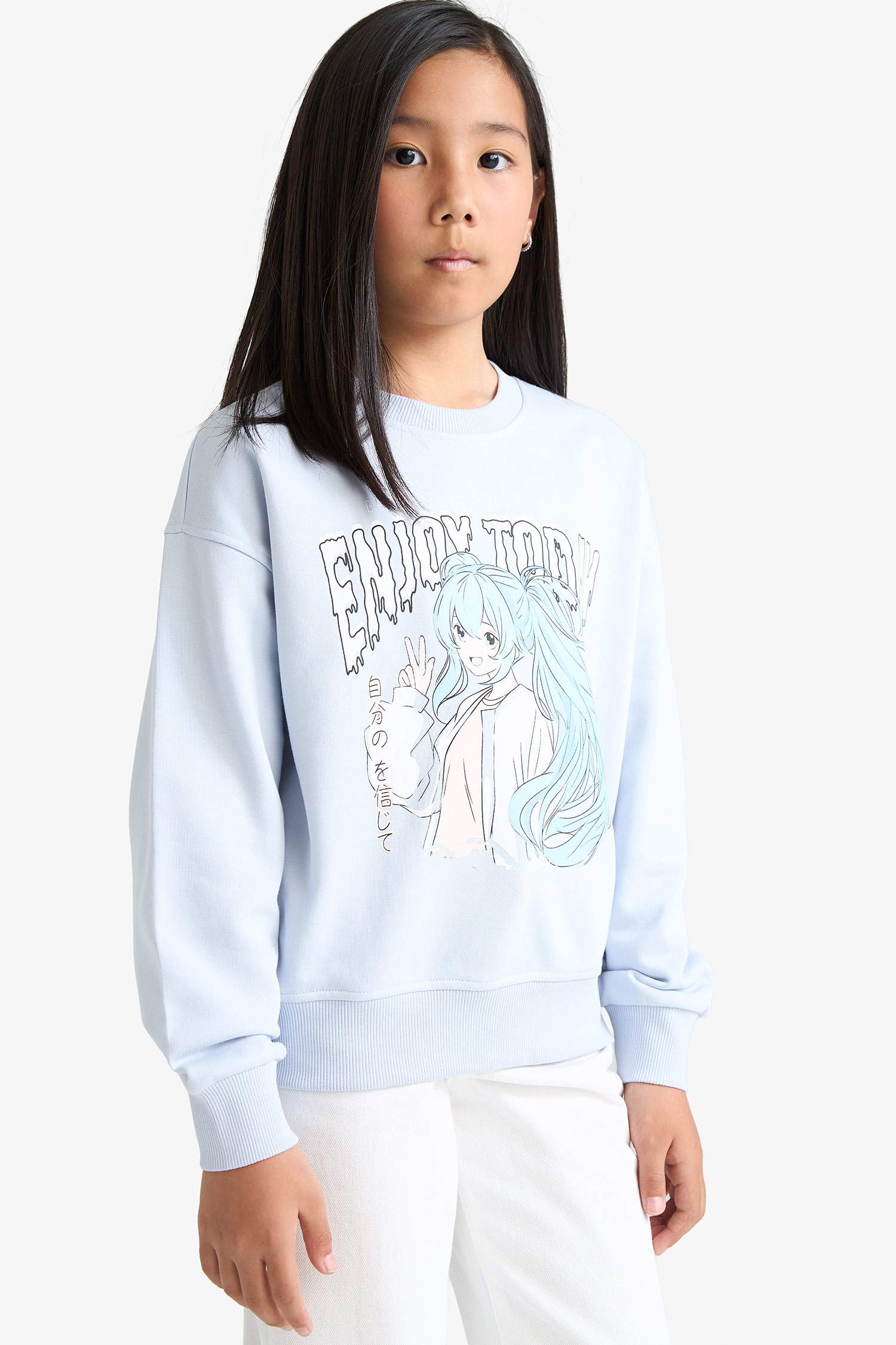 Kız Çocuk Relax Fit Bisiklet Yaka Anime Baskılı Sweatshirt