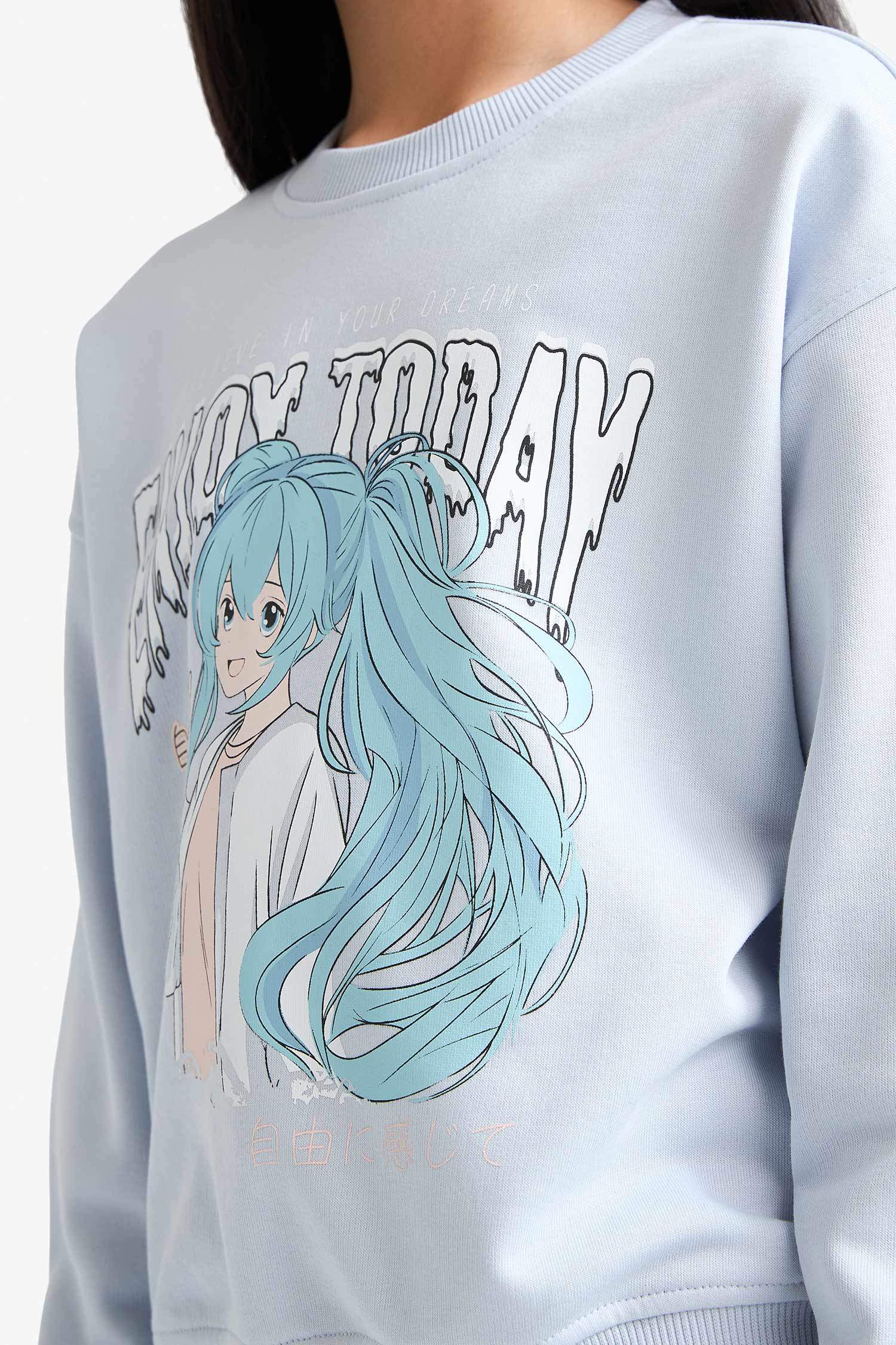 Kız Çocuk Relax Fit Bisiklet Yaka Anime Baskılı Sweatshirt