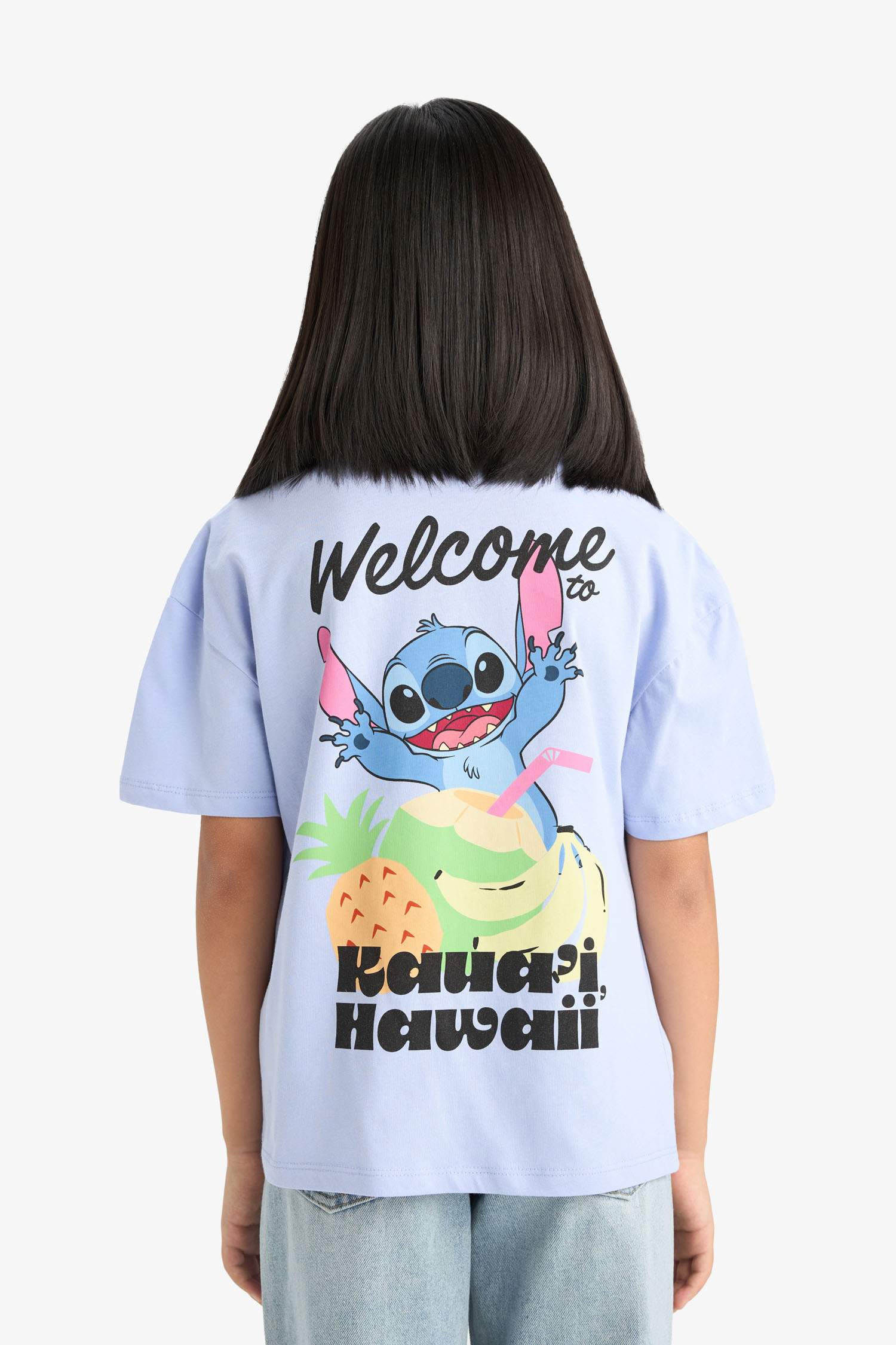 Kız Çocuk Disney Lilo & Stitch Bisiklet Yaka Sırt Baskılı Kısa Kollu Tişört