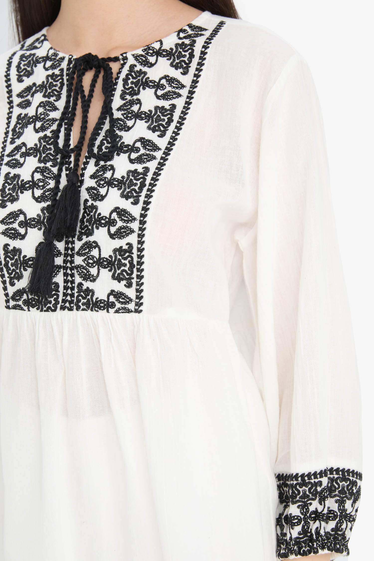 Блузка с длинным рукавом и круглым вырезом с видом на лен, обычная посадка