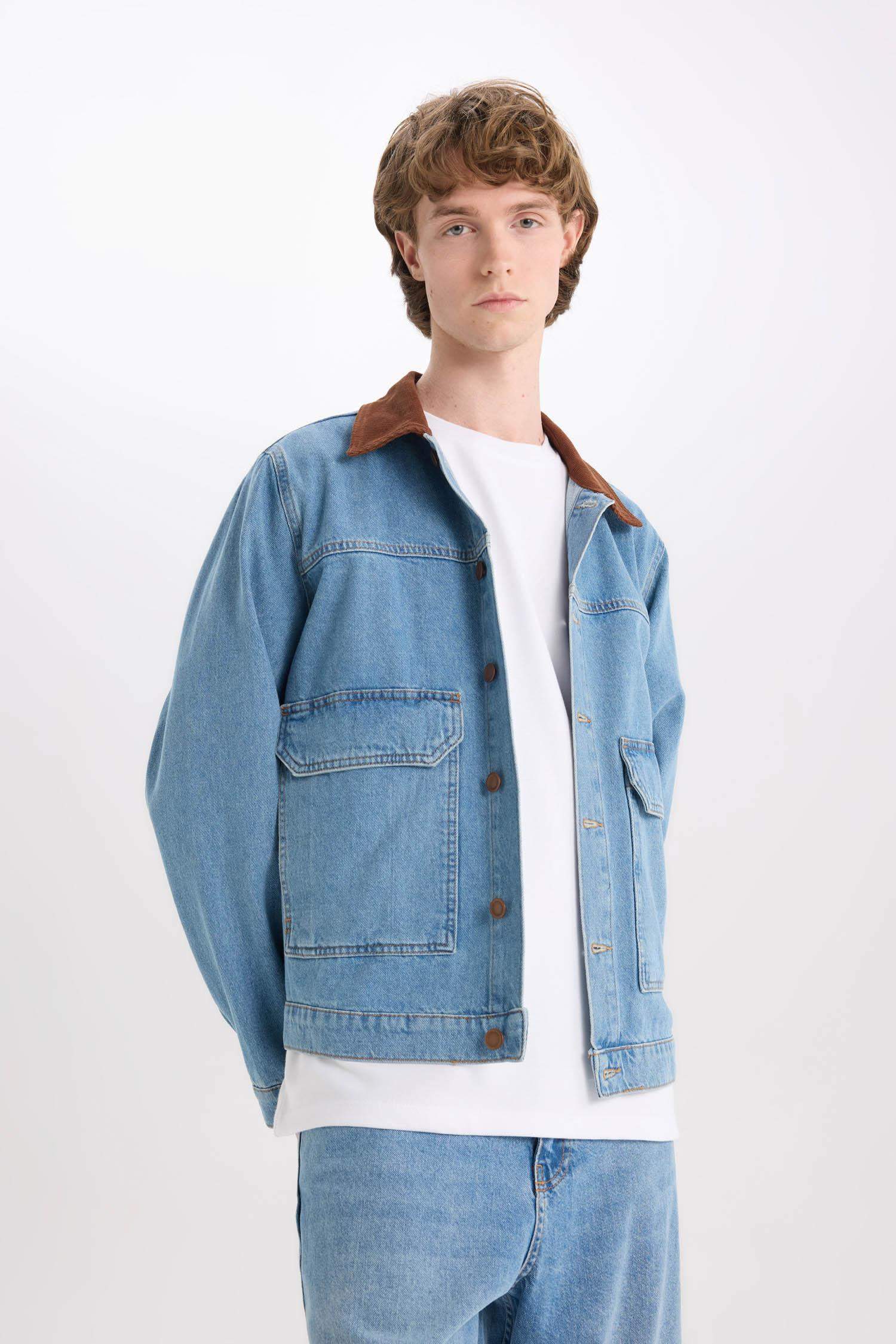 %100 Pamuk Slim Fit Dar Kesim Kontrast Yakalı Mevsimlik Baharlık Denim Ceket