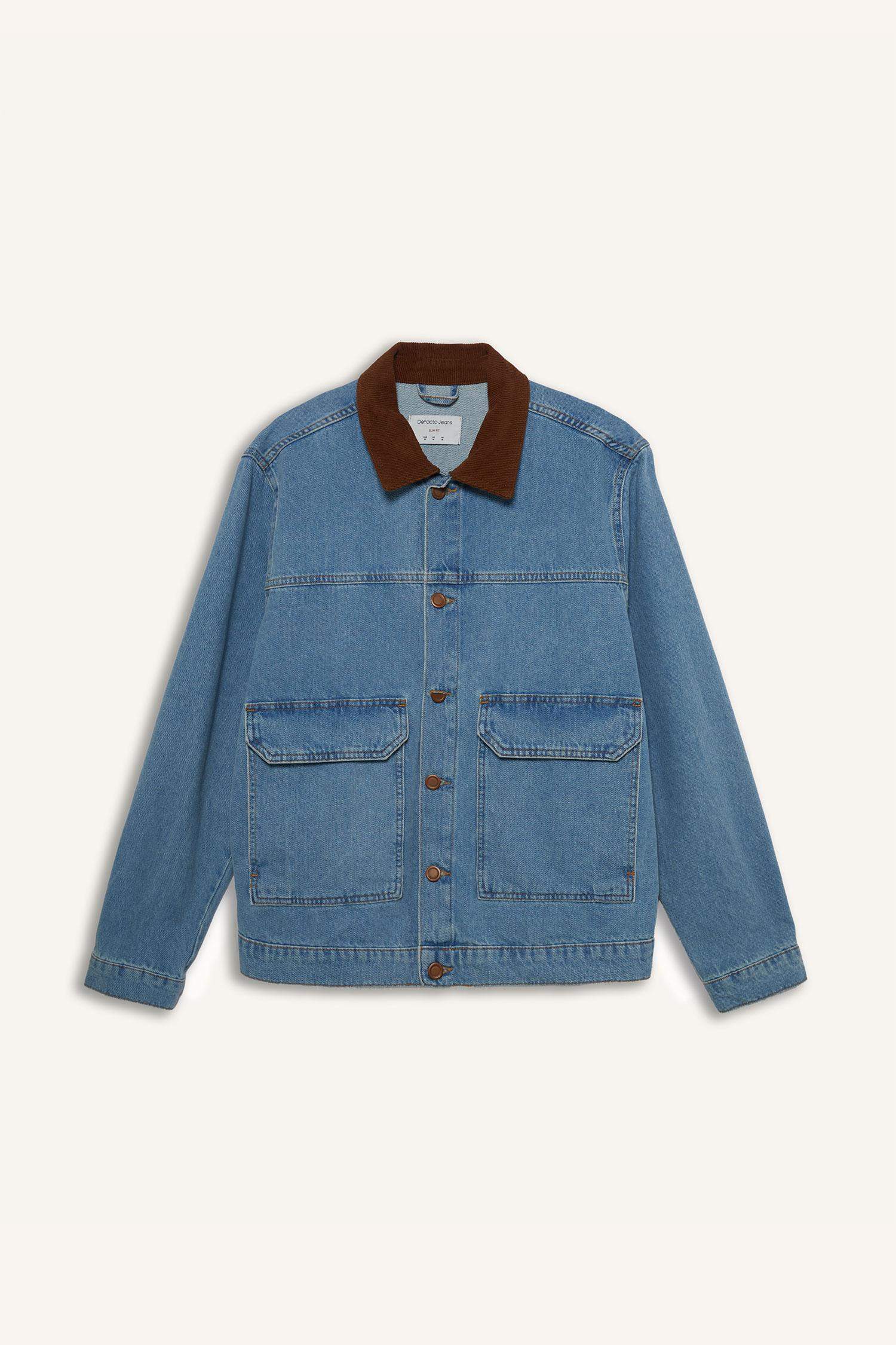 %100 Pamuk Slim Fit Dar Kesim Kontrast Yakalı Mevsimlik Baharlık Denim Ceket