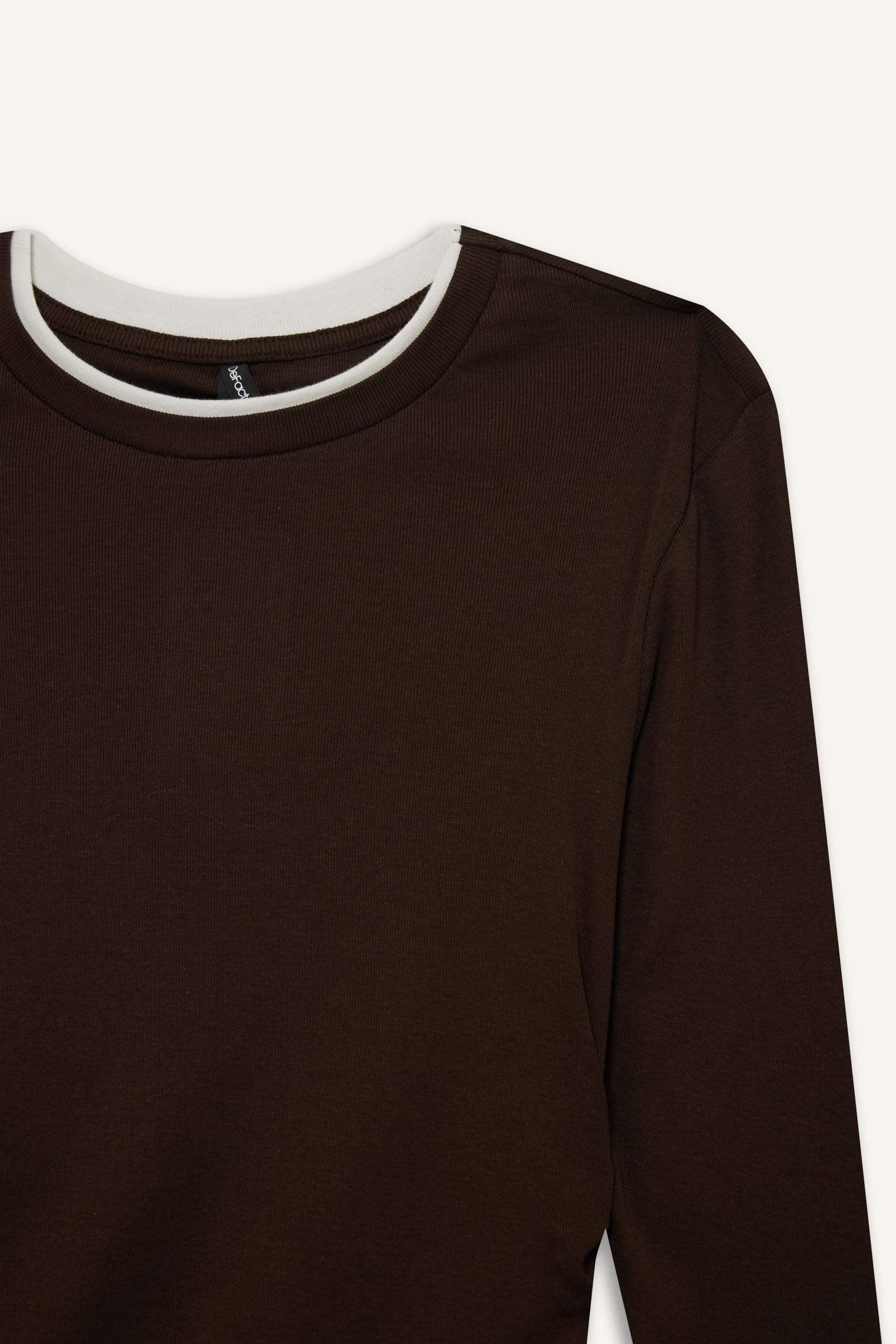 Slim Fit Dar Kesim Bisiklet Yaka Ribana Uzun Kollu Tişört