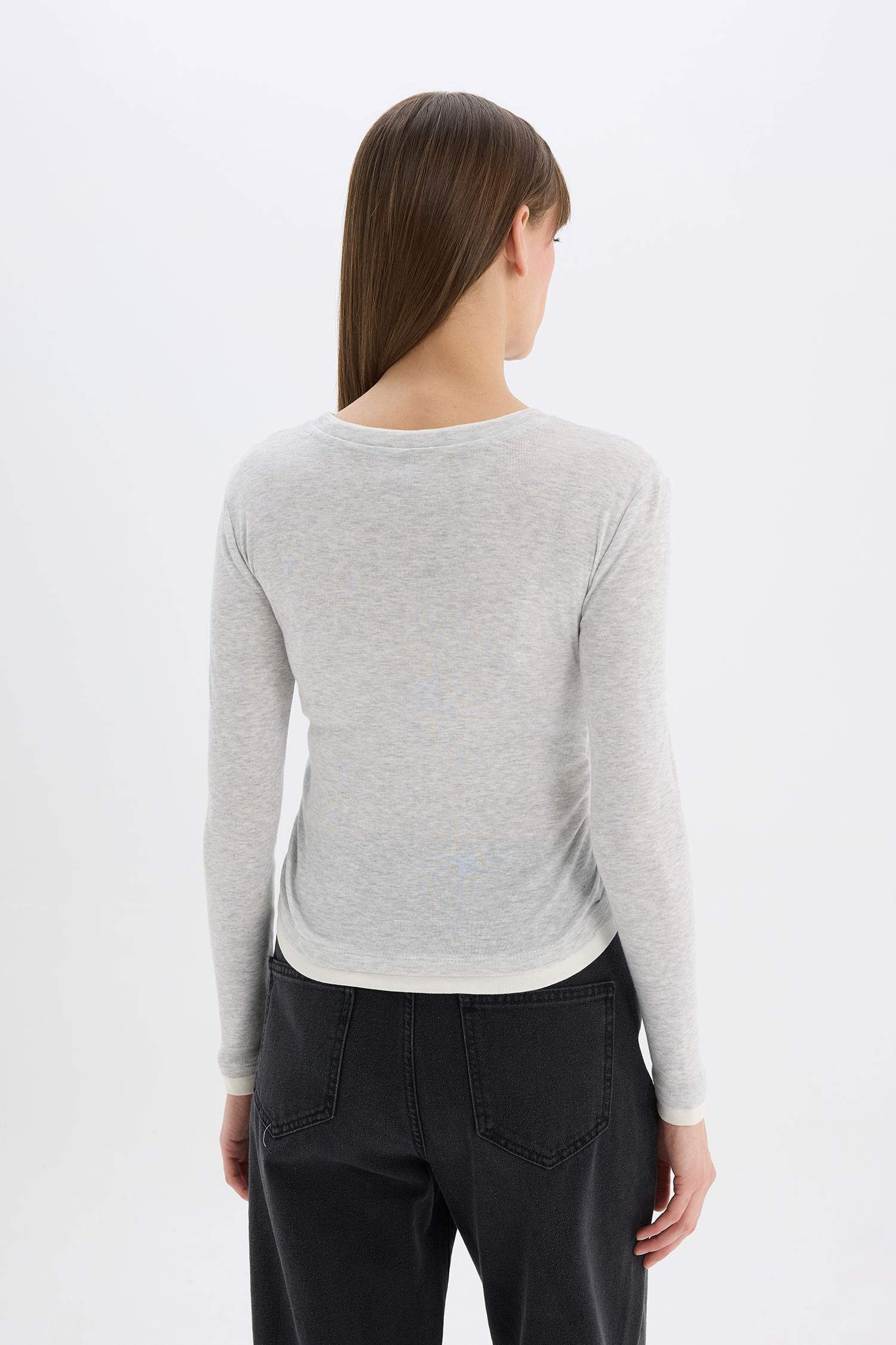 Slim Fit Dar Kesim Bisiklet Yaka Basic Düz Ribana Uzun Kollu Tişört