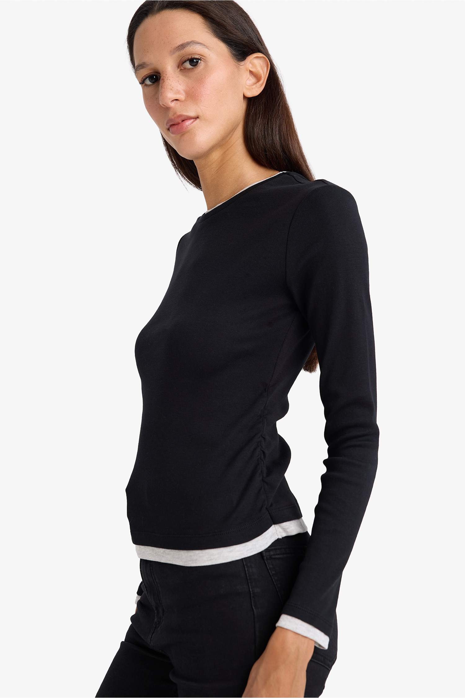 Slim Fit Dar Kesim Bisiklet Yaka Basic Düz  Ribana Uzun Kollu Tişört