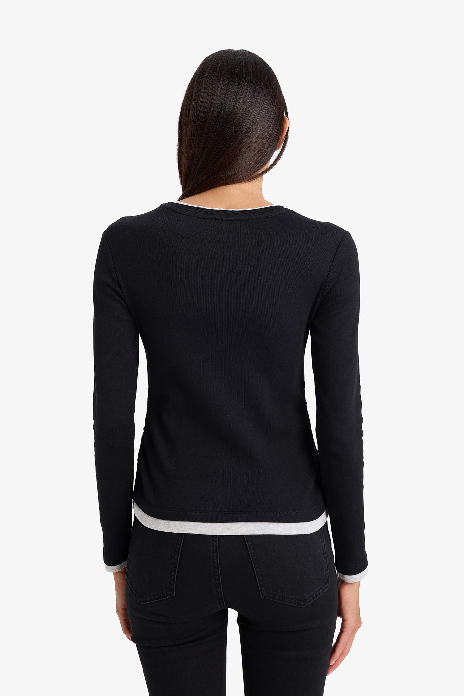 Slim Fit Dar Kesim Bisiklet Yaka Basic Düz  Ribana Uzun Kollu Tişört