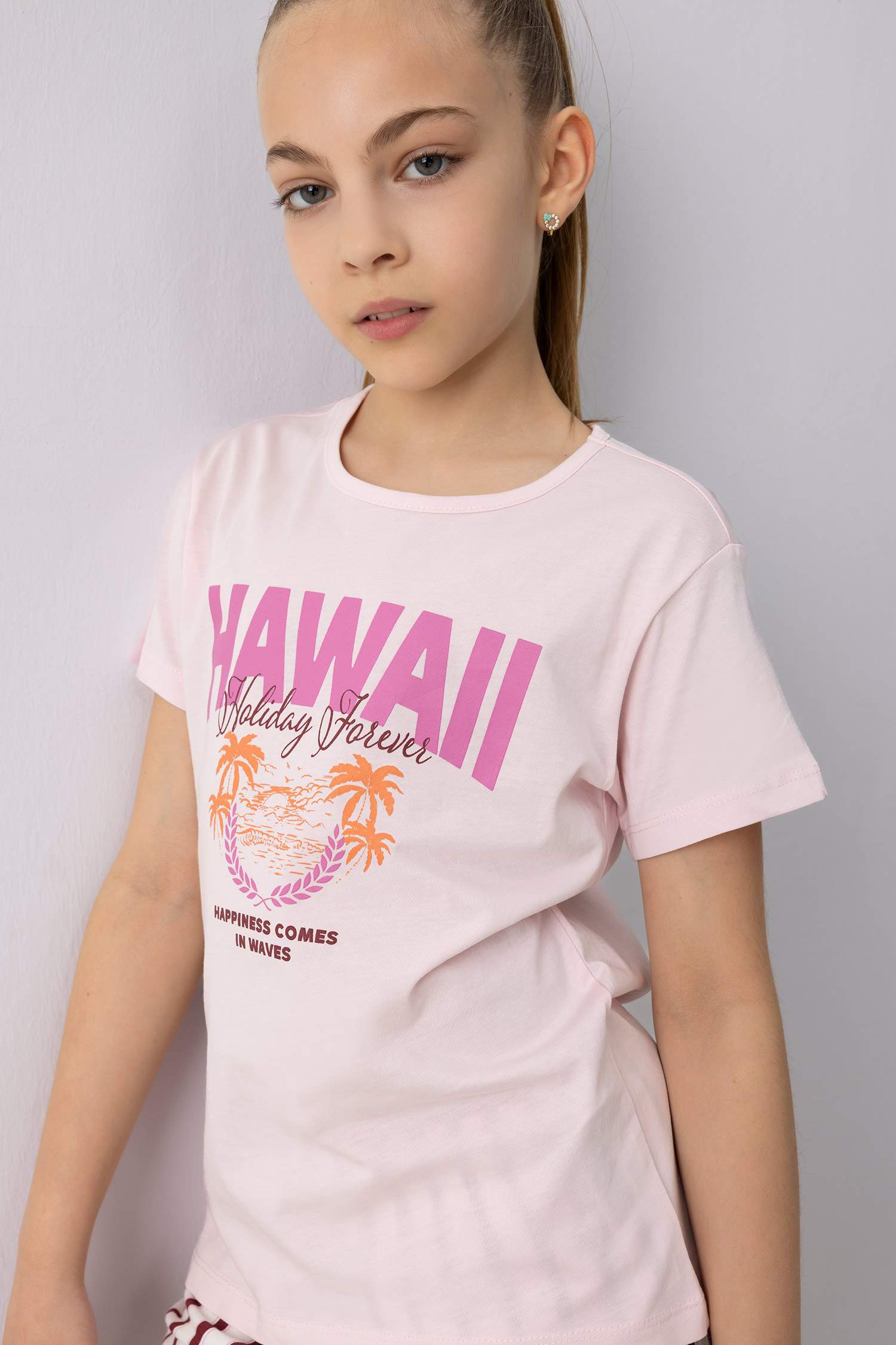 Kız Çocuk Pijama Takımı Baskılı Kısa Kollu Tişört Çizgili Şort