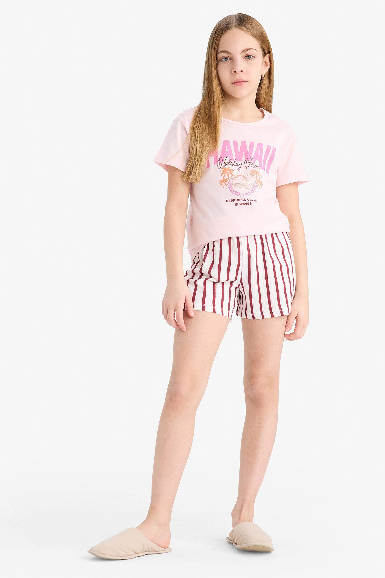 Kız Çocuk Pijama Takımı Baskılı Kısa Kollu Tişört Çizgili Şort