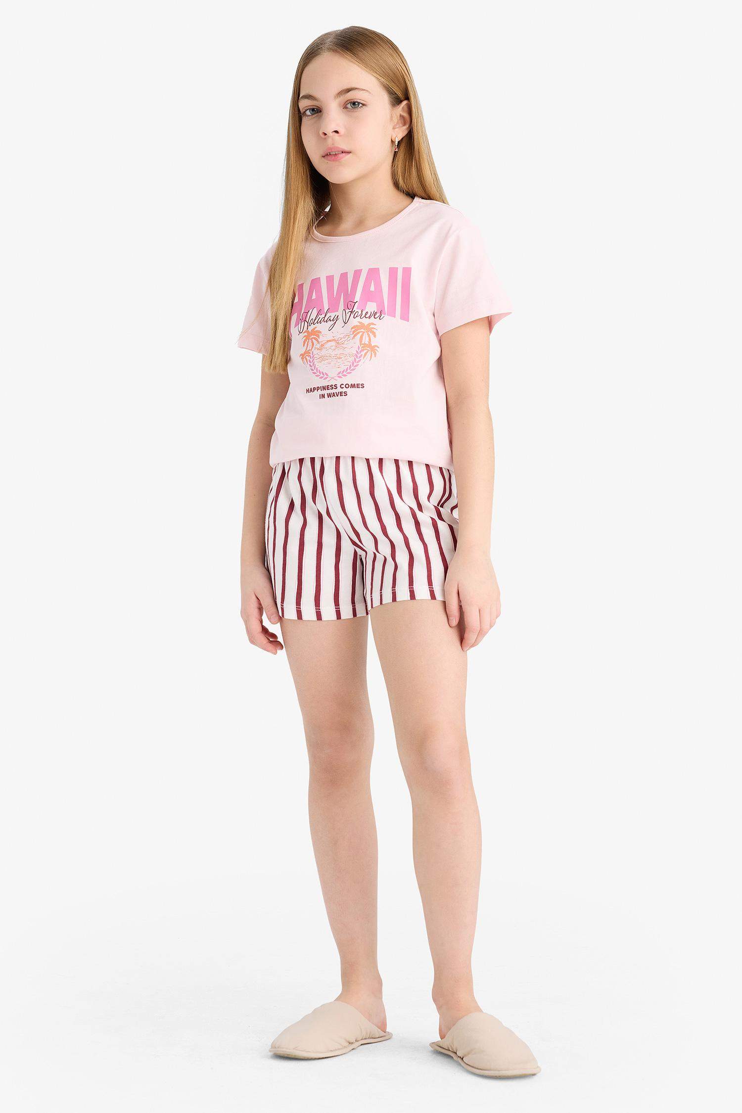 Kız Çocuk Pijama Takımı Baskılı Kısa Kollu Tişört Çizgili Şort