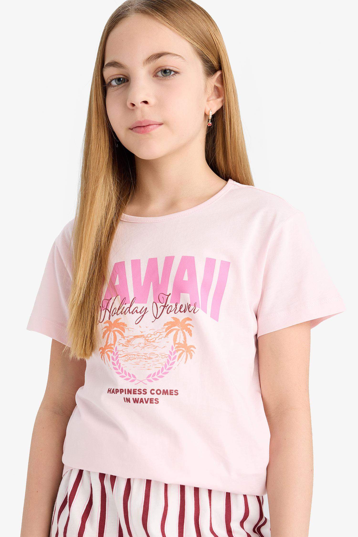 Kız Çocuk Pijama Takımı Baskılı Kısa Kollu Tişört Çizgili Şort